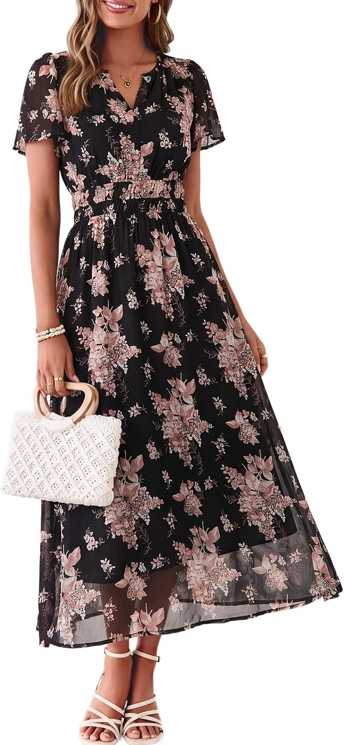 Simplee Women Floral Summer Maxi Dress Boho Flowy Casual Chiffon Short Sleeves V Neck Long Wedding Guest Dresses