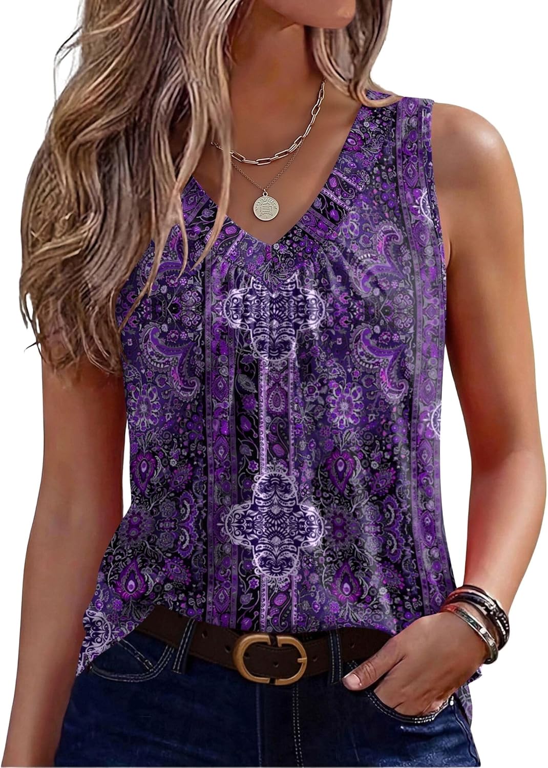 Zeagoo Womens Tank Tops Summer Sleeveless Loose Fit Tops V Neck Pleated Shirts Basic Tees Dressy Casual Trendy Clothes