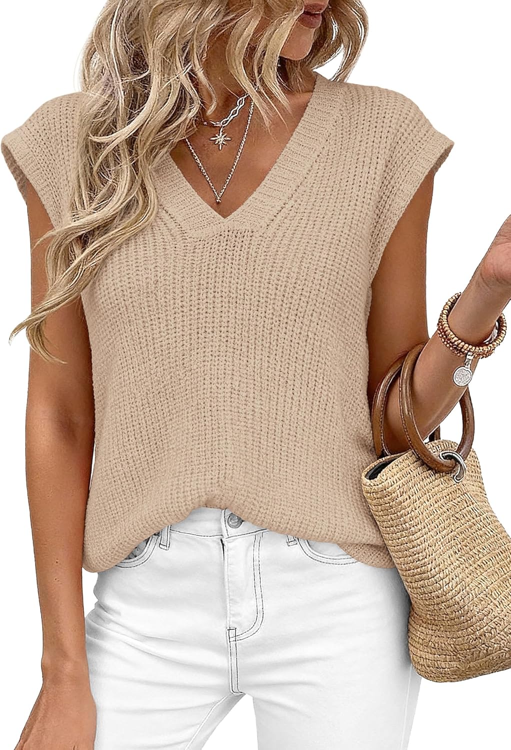 PRETTYGARDEN Women's 2026 Lightweight Sweaters Vest Spring Trendy Cap Sleeve V Neck Knit Tank Tops Summer Going Out Outfits