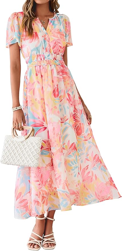 Simplee Women Floral Summer Maxi Dress Boho Flowy Casual Chiffon Short Sleeves V Neck Long Wedding Guest Dresses