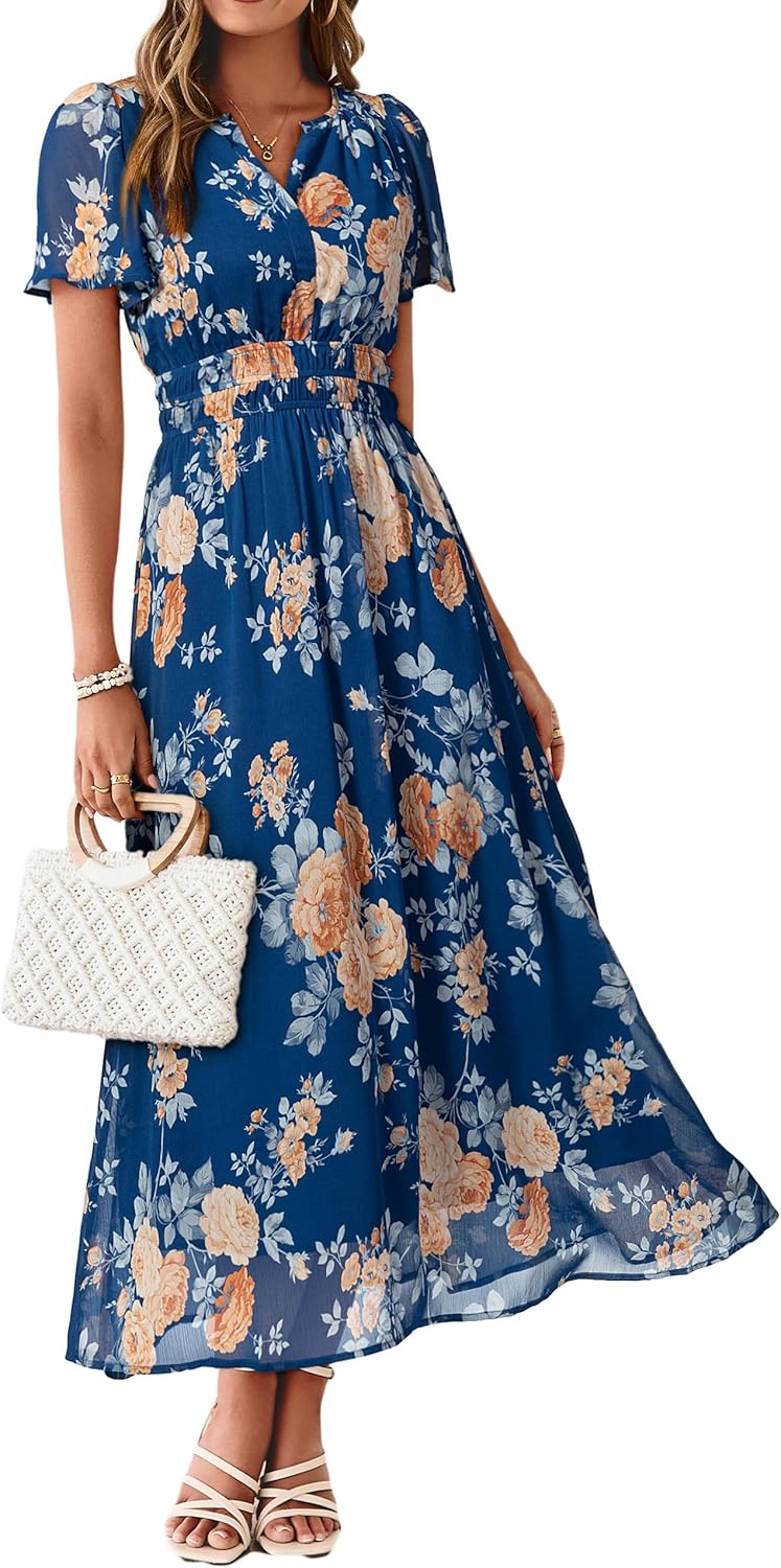 Simplee Women Floral Summer Maxi Dress Boho Flowy Casual Chiffon Short Sleeves V Neck Long Wedding Guest Dresses