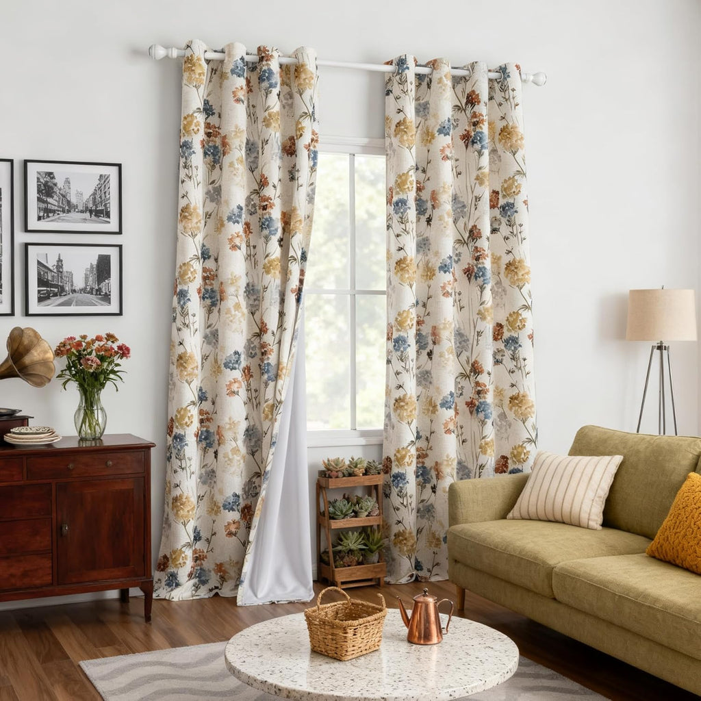 MYSKY HOME Floral Linen Curtains 84 inch Length 2 Panels Set Summer Flower Patterned Semi Sheer Light Filtering Privacy Farmhouse Grommet Drapes for Living/Dining Room, Yellow, W52 x L84, Pack-2
