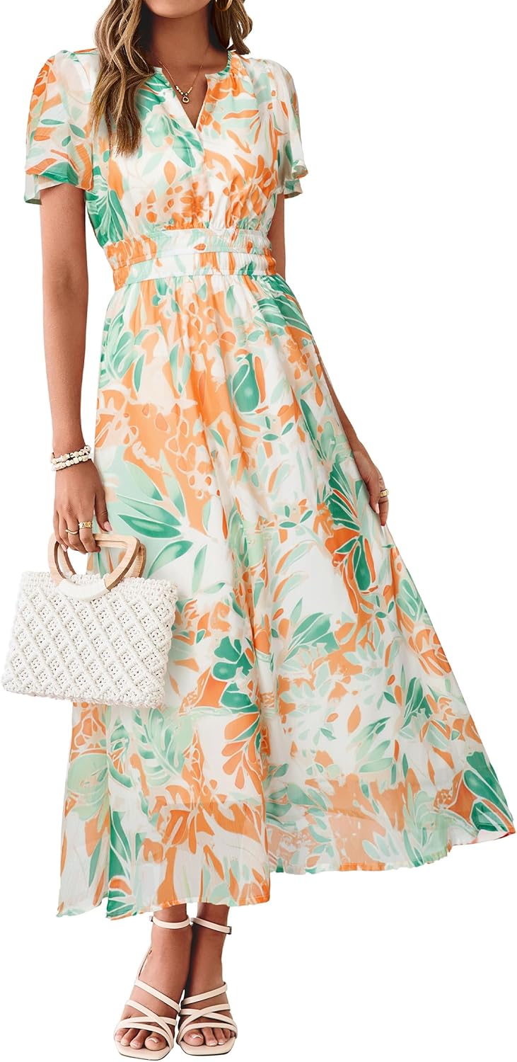 Simplee Women Floral Summer Maxi Dress Boho Flowy Casual Chiffon Short Sleeves V Neck Long Wedding Guest Dresses