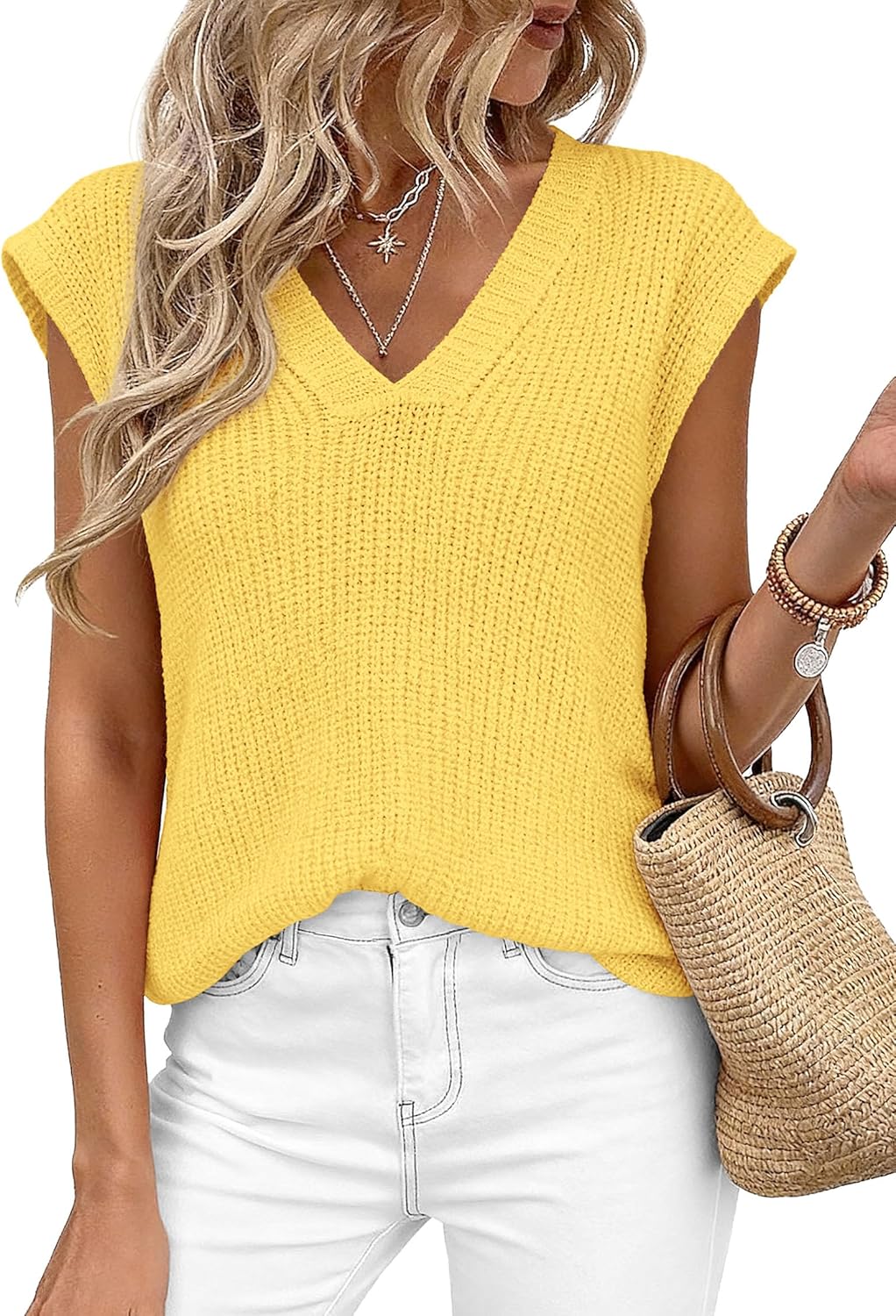 PRETTYGARDEN Women's 2026 Lightweight Sweaters Vest Spring Trendy Cap Sleeve V Neck Knit Tank Tops Summer Going Out Outfits
