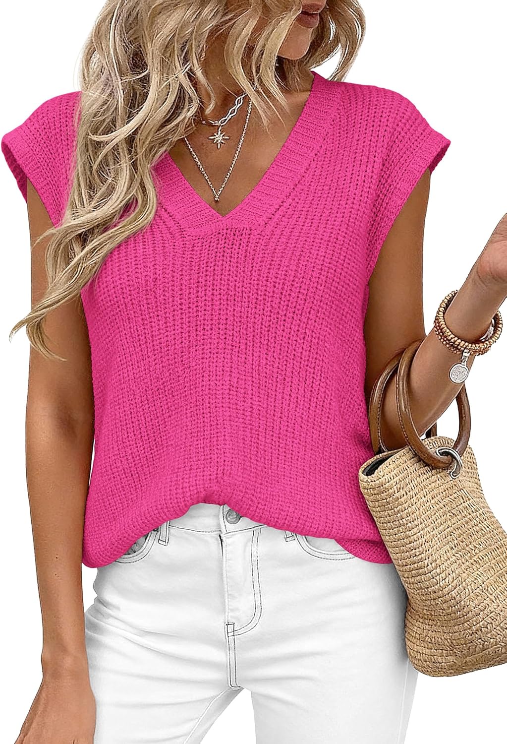 PRETTYGARDEN Women's 2026 Lightweight Sweaters Vest Spring Trendy Cap Sleeve V Neck Knit Tank Tops Summer Going Out Outfits