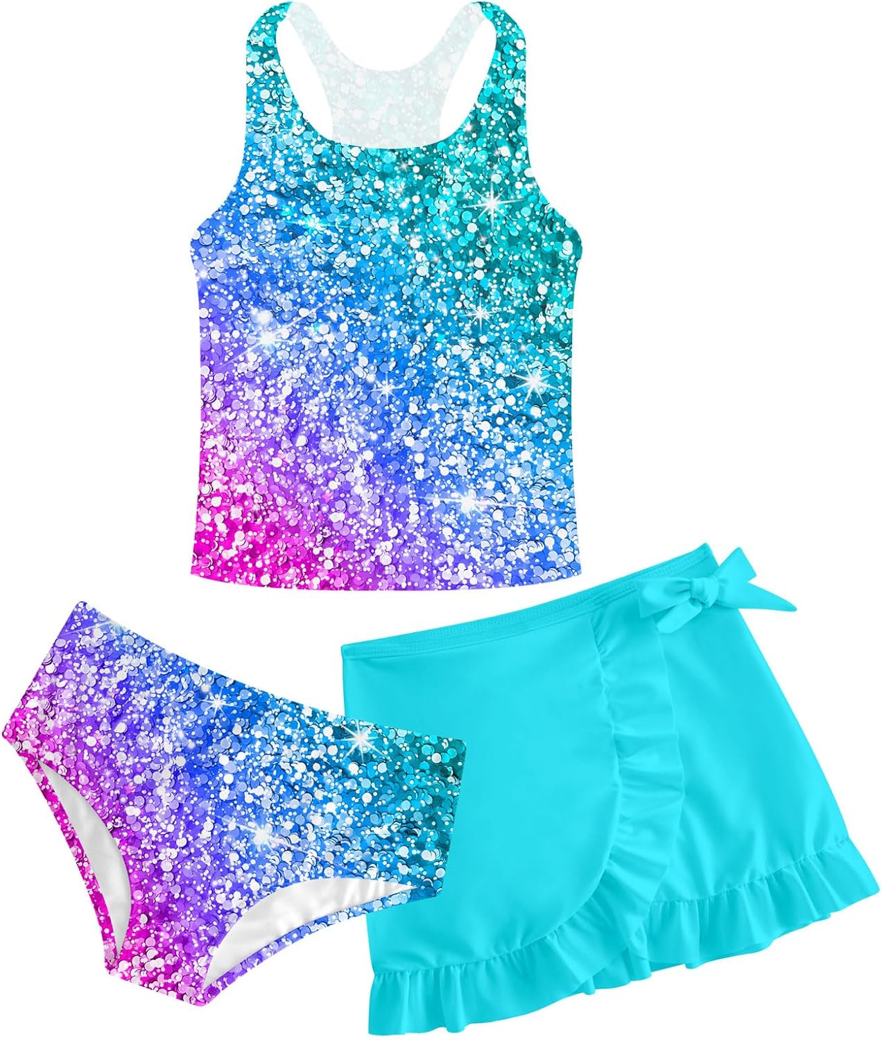 Girls Swimsuits 3 Piece Tankini Bathing Suit Set Cute Bikini Swimwear with Cover Ups Beach Skirt 5-16 Years