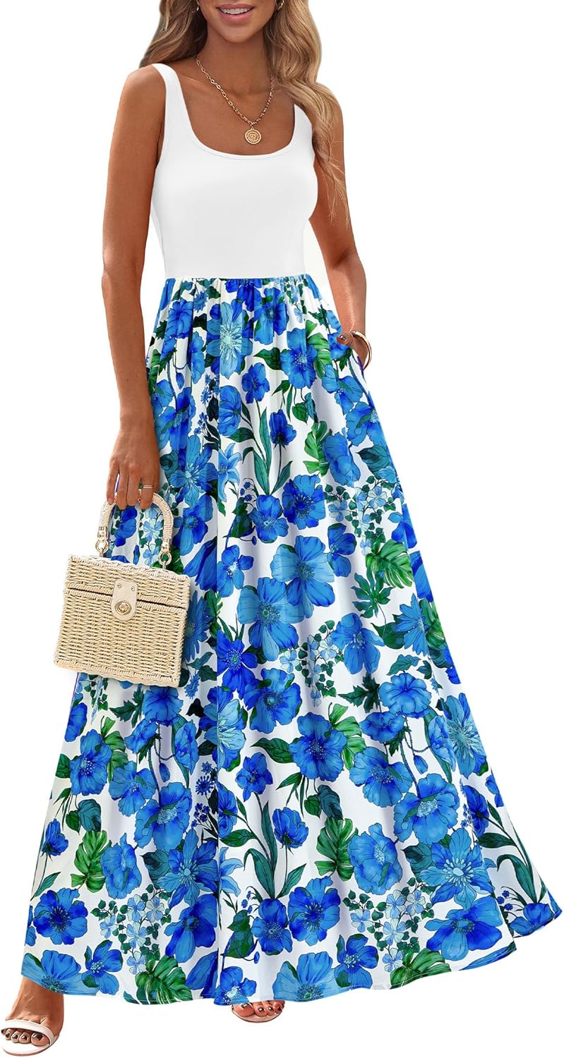 KIRUNDO Women Summer Sleeveless Boho Floral Maxi Dress 2026 Scoop Neck Tank A Line Flowy Beach Vacation Resort Wear Sundress