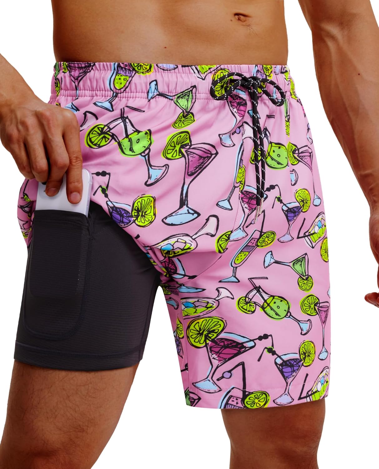 Gleeease 7inch Mens Swim Trunks 2 in 1 with Compression Liner Pockets Drawstring Quick Dry Stretch Lined Funny Beach Pool