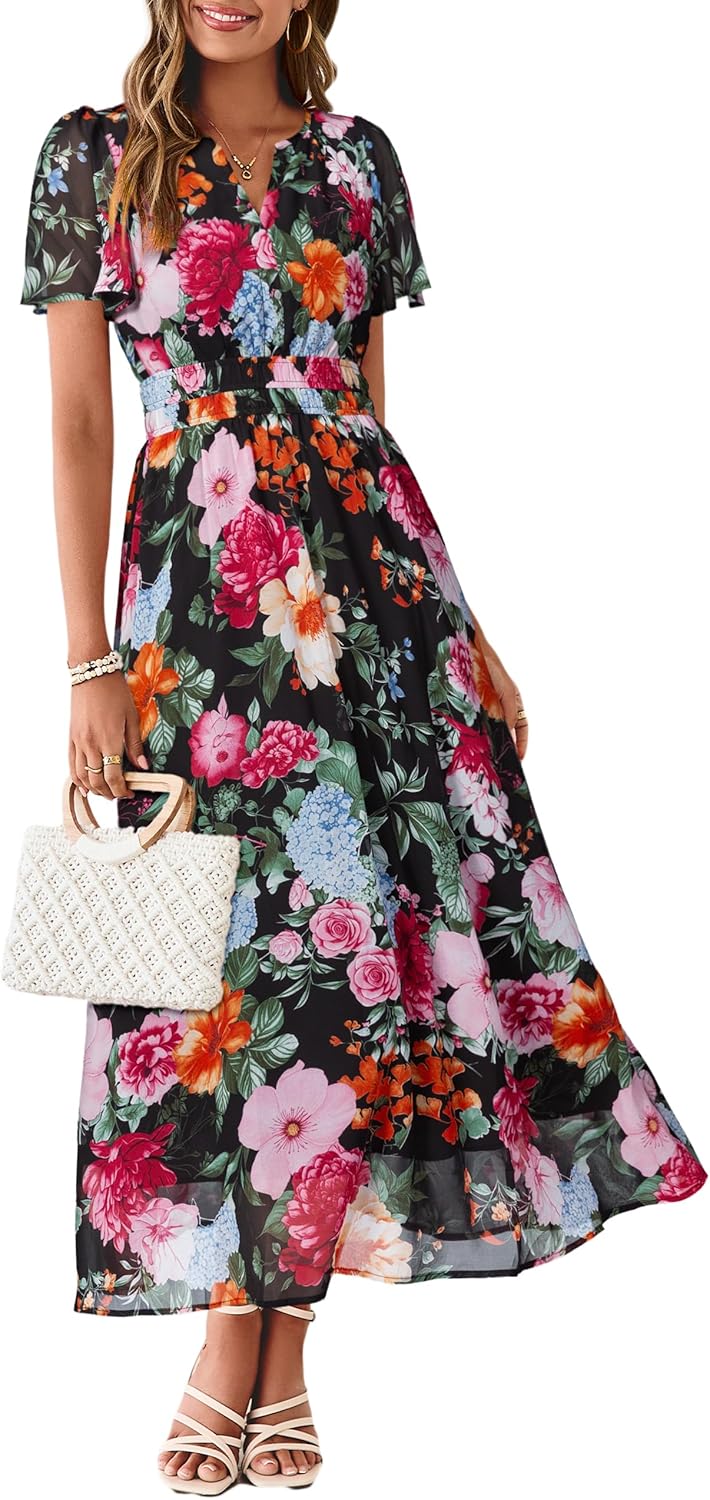 Simplee Women Floral Summer Maxi Dress Boho Flowy Casual Chiffon Short Sleeves V Neck Long Wedding Guest Dresses