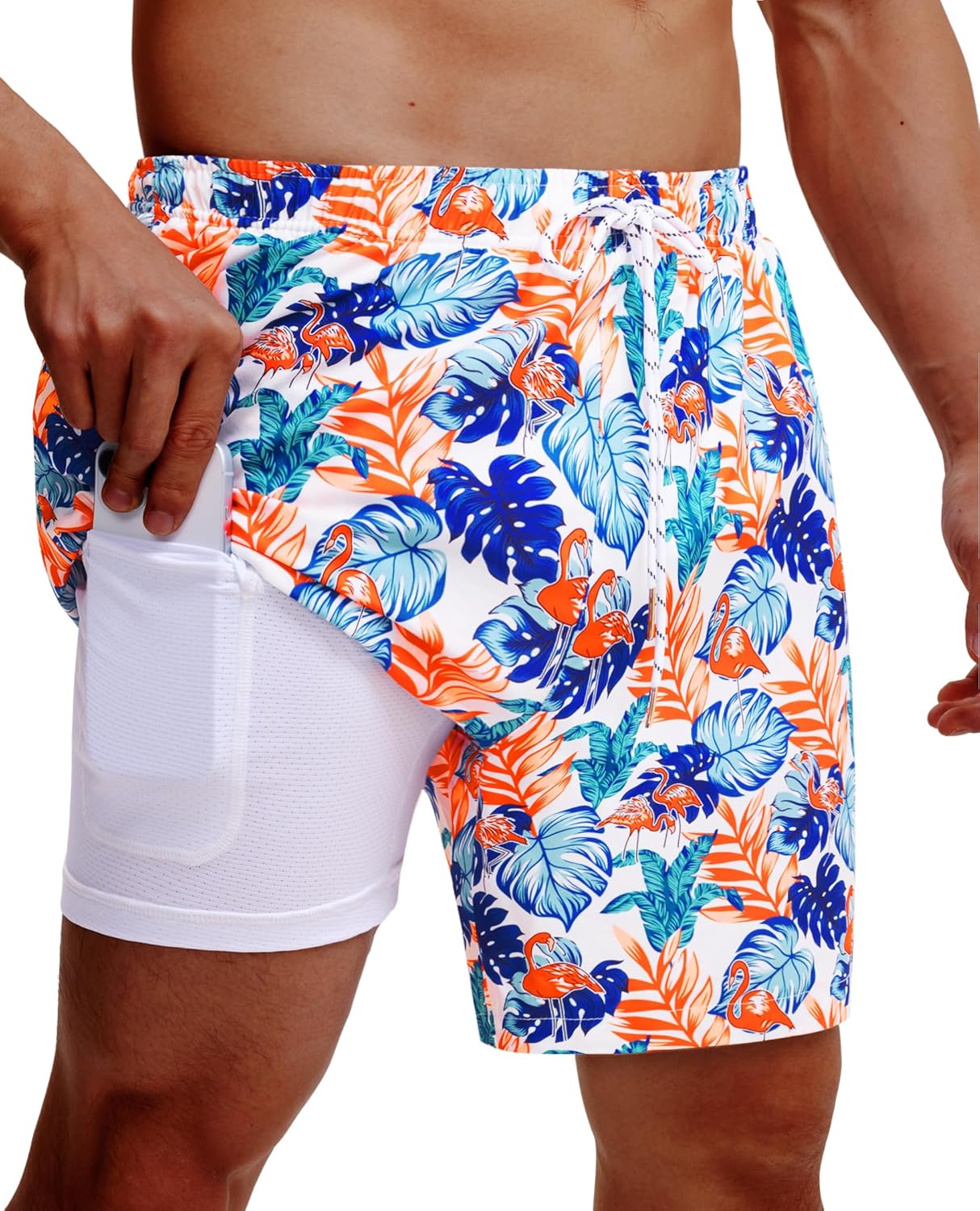 Gleeease 7inch Mens Swim Trunks 2 in 1 with Compression Liner Pockets Drawstring Quick Dry Stretch Lined Funny Beach Pool