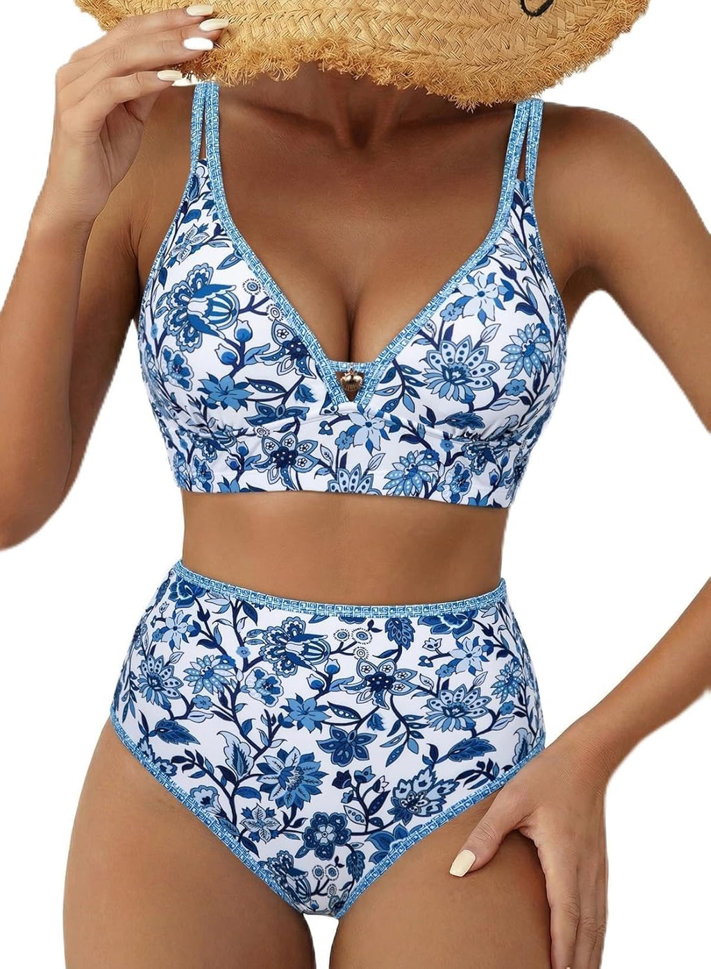 Herseas Women's 2 Piece Floral Print Bikini Sets V Neck Stitch Swimsuits High Waisted Bathing Suit Beach Summer Swimwear