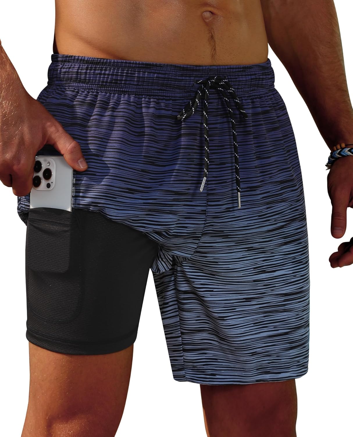 Gleeease 7inch Mens Swim Trunks 2 in 1 with Compression Liner Pockets Drawstring Quick Dry Stretch Lined Funny Beach Pool