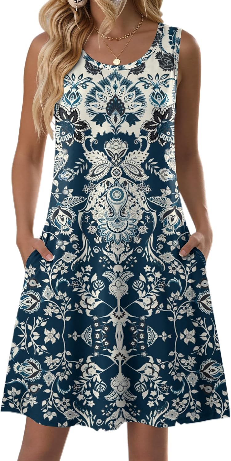 Zeagoo Summer Dresses for Women 2026 Sleeveless Casual Floral Tshirt Sundress with Pockets Loose Tank Beach Dress