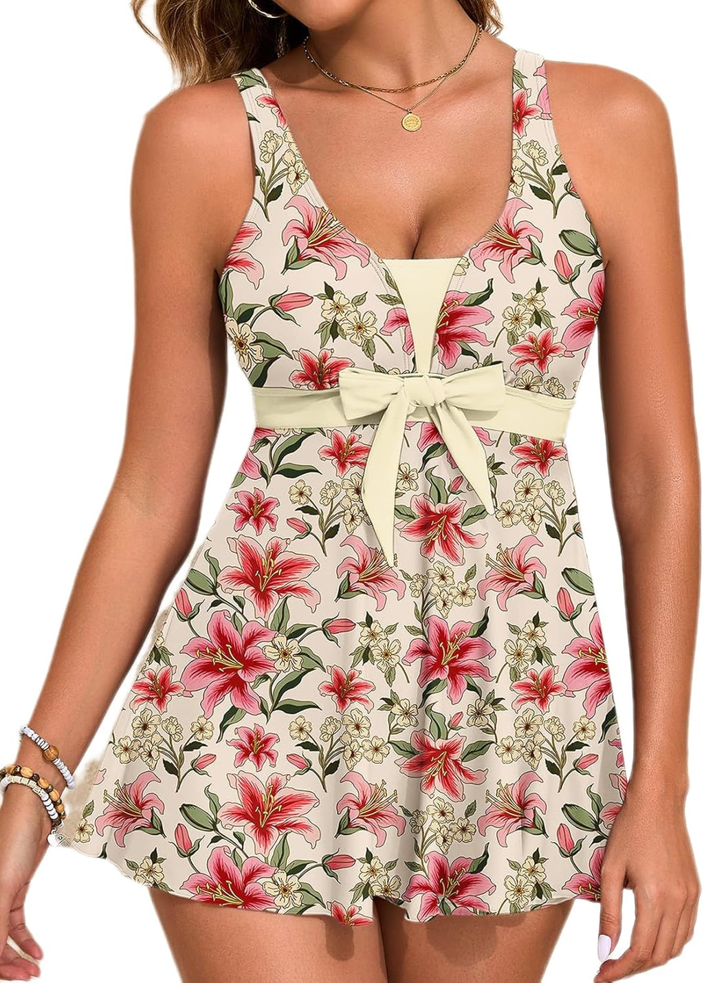 Aleumdr Women Printed Two Piece Tankini Swimsuits Tummy Control Swim Dress High Waisted Boyshort with Pockets