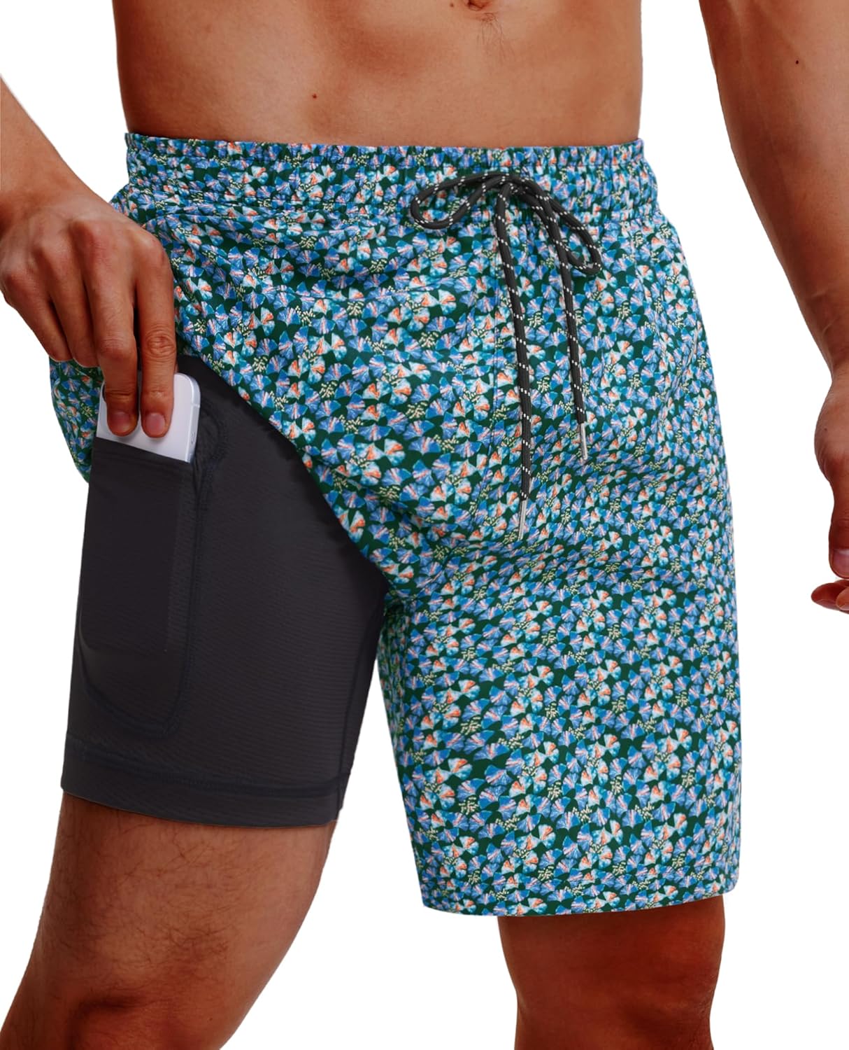 Gleeease 7inch Mens Swim Trunks 2 in 1 with Compression Liner Pockets Drawstring Quick Dry Stretch Lined Funny Beach Pool