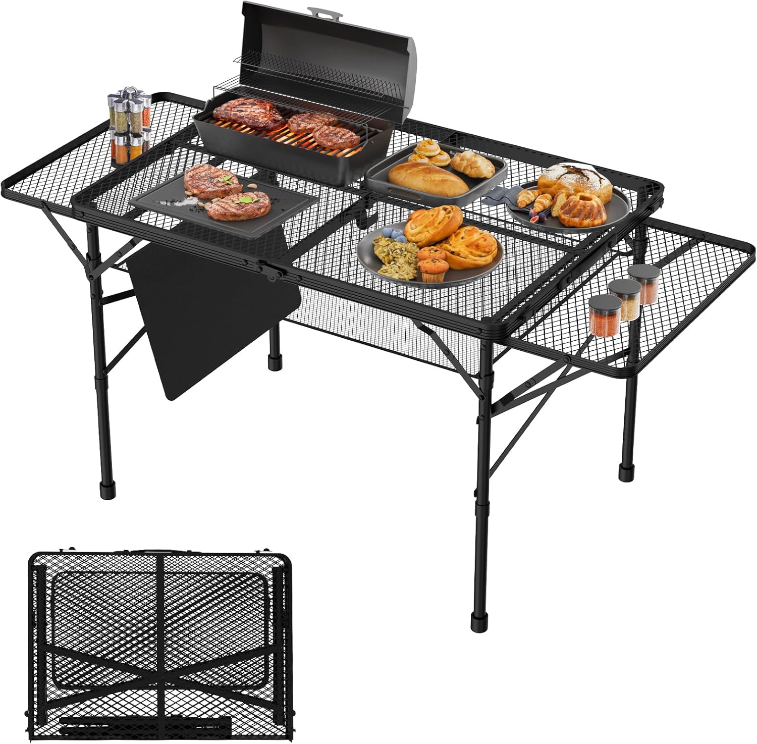 WildFinder Folding Table with 2 Wing Panels, 3x2 FT Camping Table with Mesh Desktop,Height Adjustable Folding Grill Table with Mesh Bag,Portable Outdoor Table for Picnic,Camping,BBQ,Beach(Black)