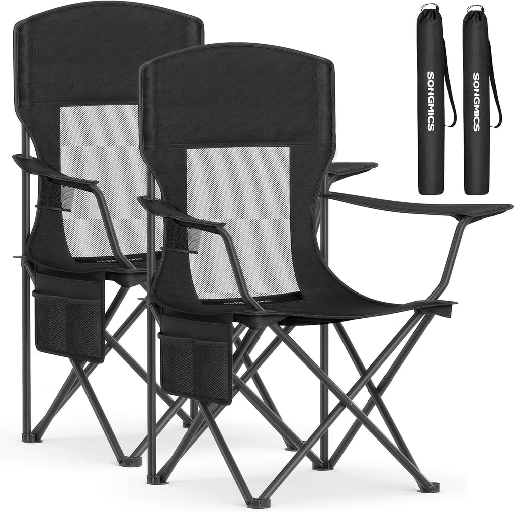 SONGMICS 2 Pack Breathable Camping Chairs, 330 lb Capacity Foldable Outdoor Chairs, High Back, Adjustable Armrests & Cup Holder, for Sports Garden Backyard, Ink Black UGCB028B02
