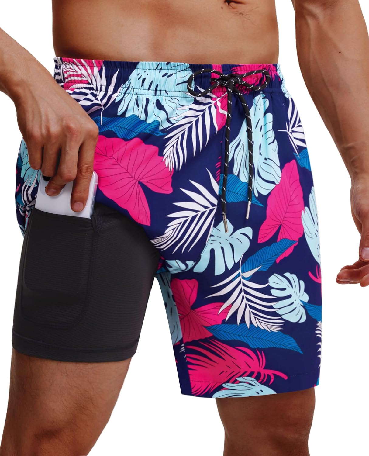 Gleeease 7inch Mens Swim Trunks 2 in 1 with Compression Liner Pockets Drawstring Quick Dry Stretch Lined Funny Beach Pool