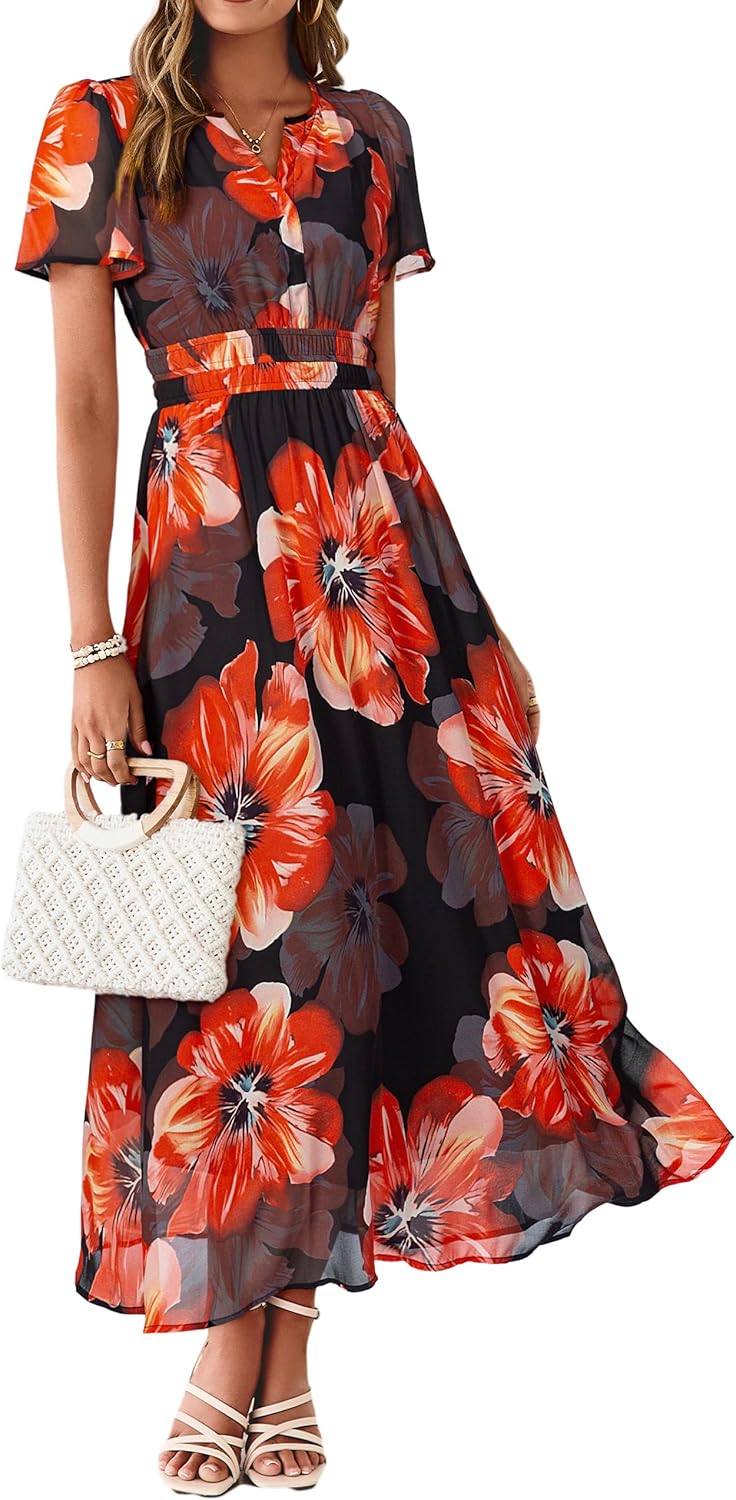 Simplee Women Floral Summer Maxi Dress Boho Flowy Casual Chiffon Short Sleeves V Neck Long Wedding Guest Dresses