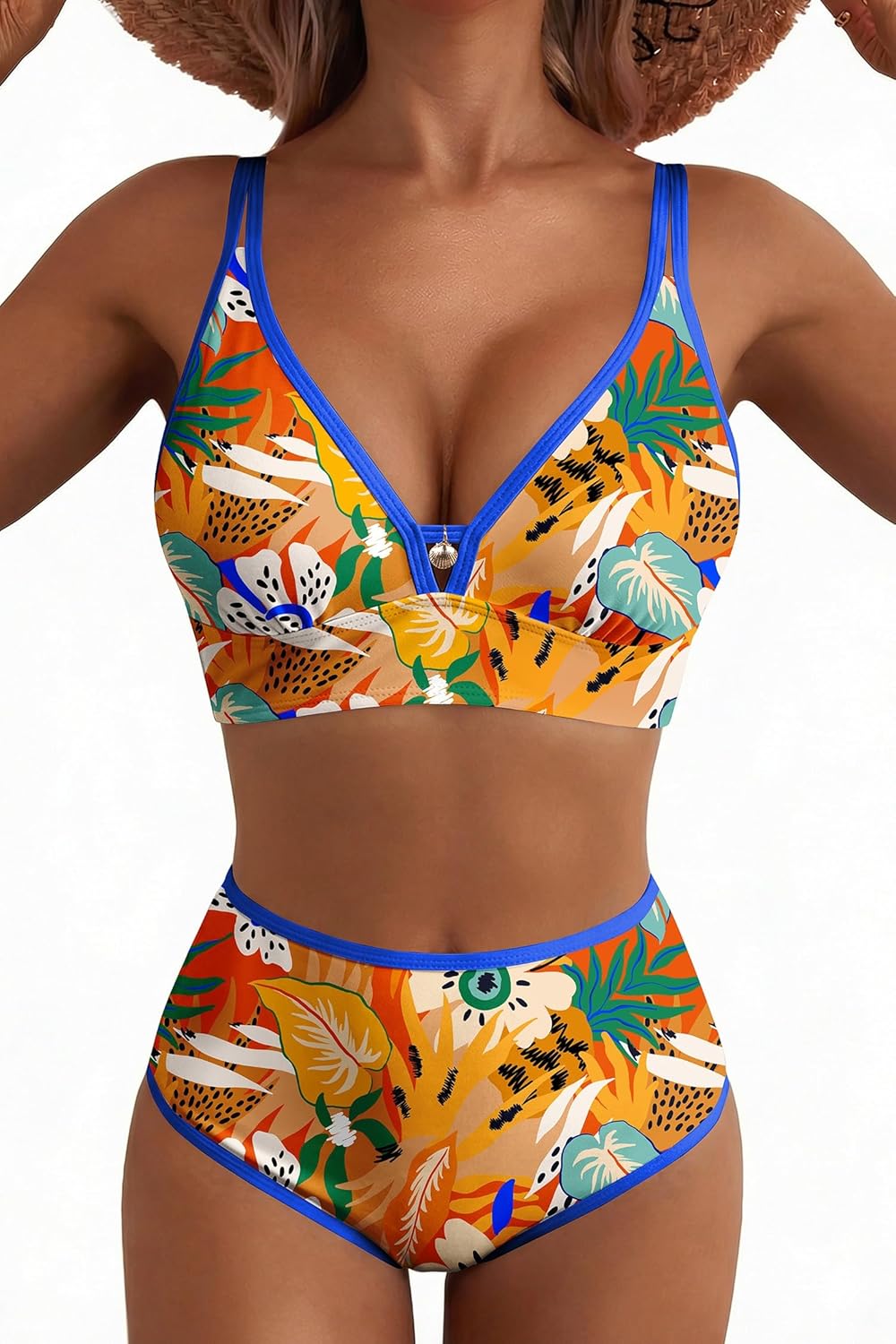 Herseas Women's 2 Piece Floral Print Bikini Sets V Neck Stitch Swimsuits High Waisted Bathing Suit Beach Summer Swimwear