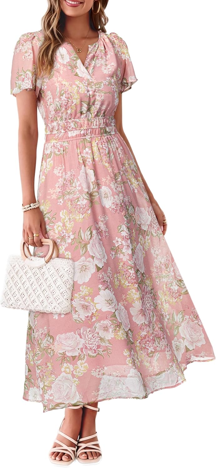 Simplee Women Floral Summer Maxi Dress Boho Flowy Casual Chiffon Short Sleeves V Neck Long Wedding Guest Dresses