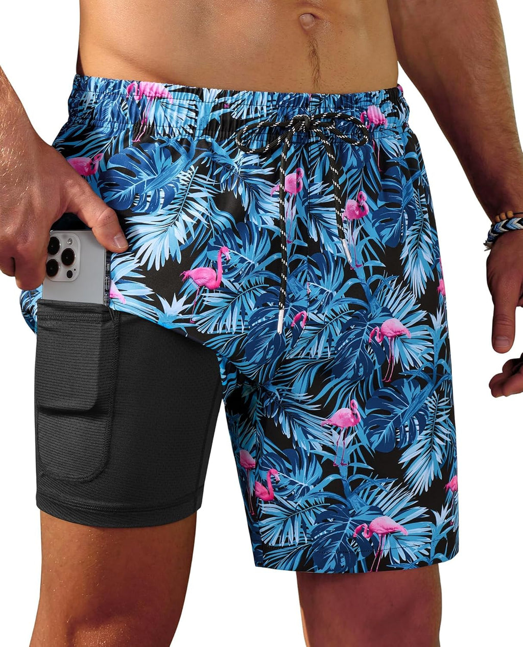 Gleeease 7inch Mens Swim Trunks 2 in 1 with Compression Liner Pockets Drawstring Quick Dry Stretch Lined Funny Beach Pool