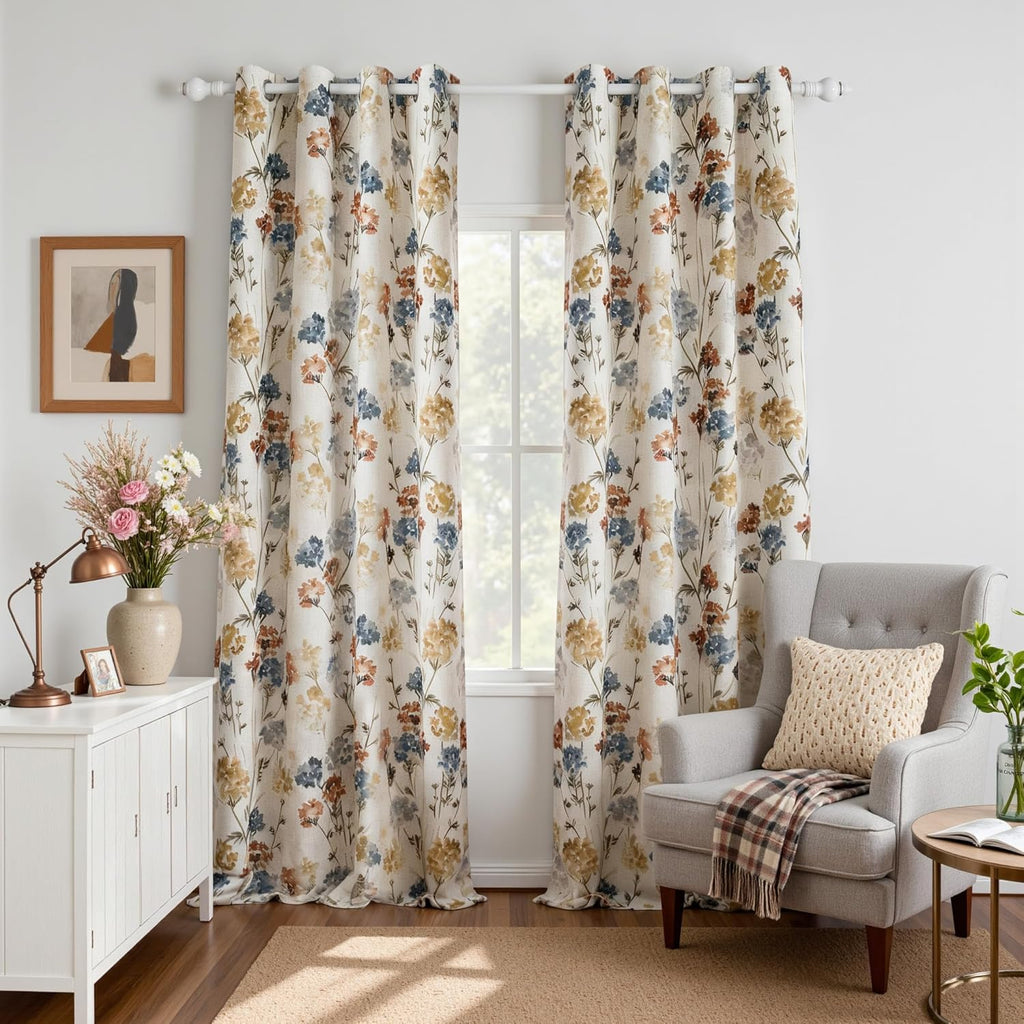 MYSKY HOME Floral Linen Curtains 84 inch Length 2 Panels Set Summer Flower Patterned Semi Sheer Light Filtering Privacy Farmhouse Grommet Drapes for Living/Dining Room, Yellow, W52 x L84, Pack-2