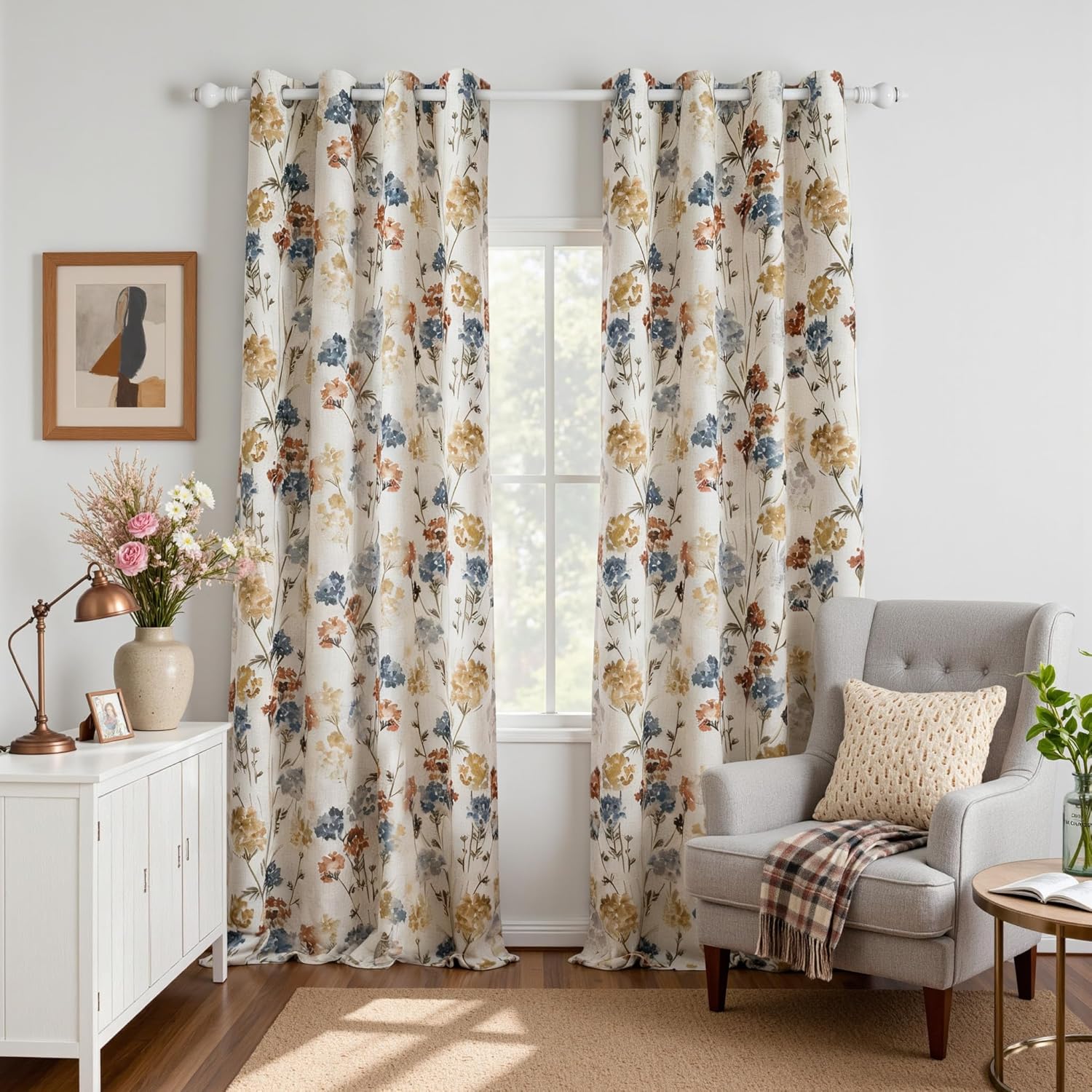 MYSKY HOME Floral Linen Curtains 84 inch Length 2 Panels Set Summer Flower Patterned Semi Sheer Light Filtering Privacy Farmhouse Grommet Drapes for Living/Dining Room, Yellow, W52 x L84, Pack-2