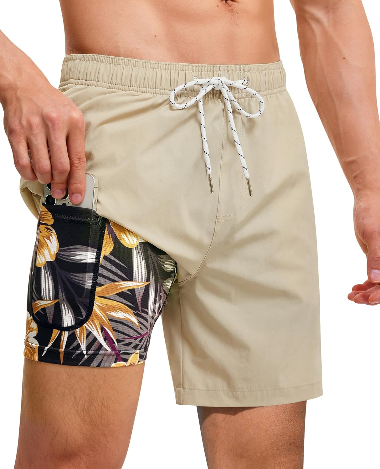 Gleeease 7inch Mens Swim Trunks 2 in 1 with Compression Liner Pockets Drawstring Quick Dry Stretch Lined Funny Beach Pool