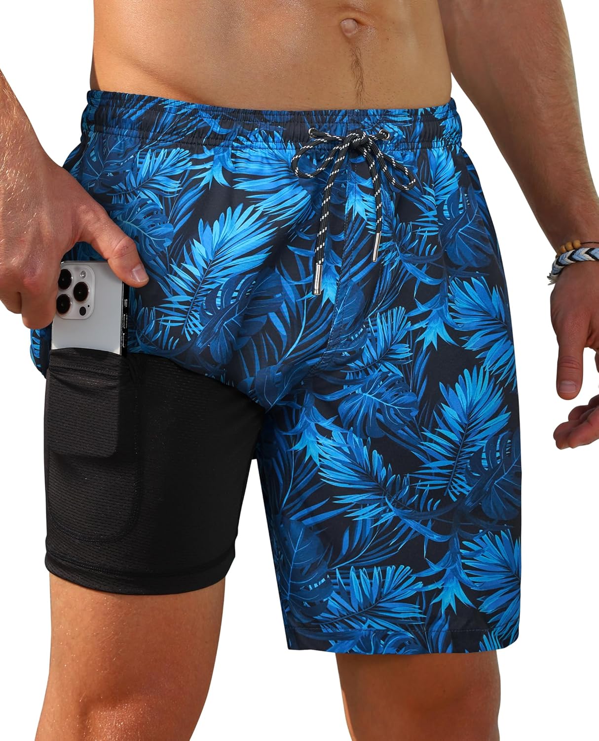 Gleeease 7inch Mens Swim Trunks 2 in 1 with Compression Liner Pockets Drawstring Quick Dry Stretch Lined Funny Beach Pool