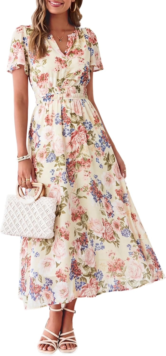 Simplee Women Floral Summer Maxi Dress Boho Flowy Casual Chiffon Short Sleeves V Neck Long Wedding Guest Dresses