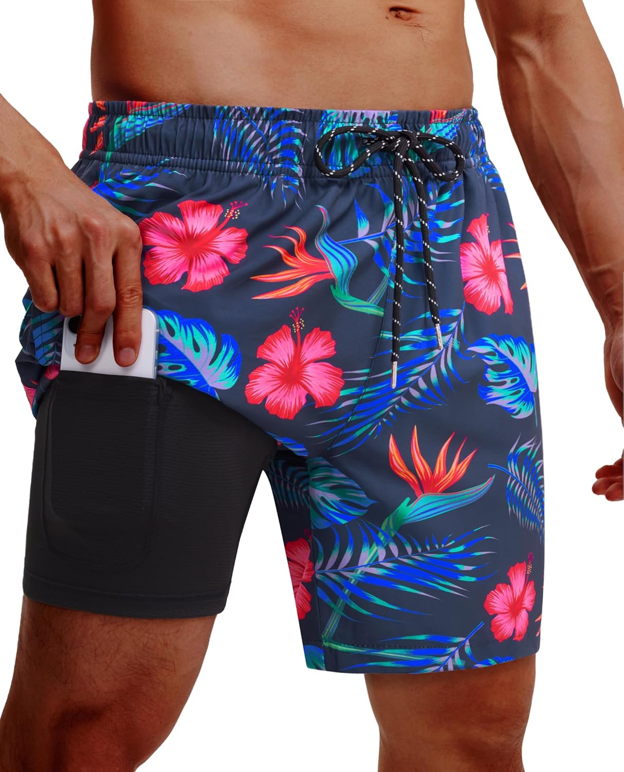 Gleeease 7inch Mens Swim Trunks 2 in 1 with Compression Liner Pockets Drawstring Quick Dry Stretch Lined Funny Beach Pool