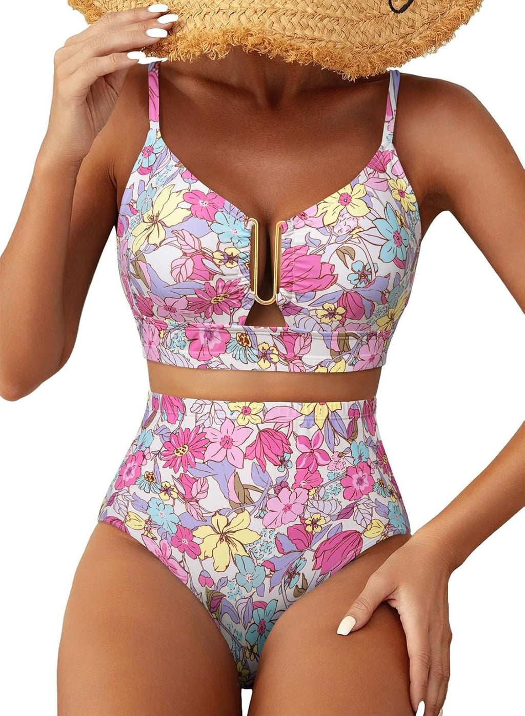 Herseas Womens 2 Piece High Waisted U Wire Bikini Set Floral Print Swimsuit Crisscross Back Bathing Suit Beach Swimwear