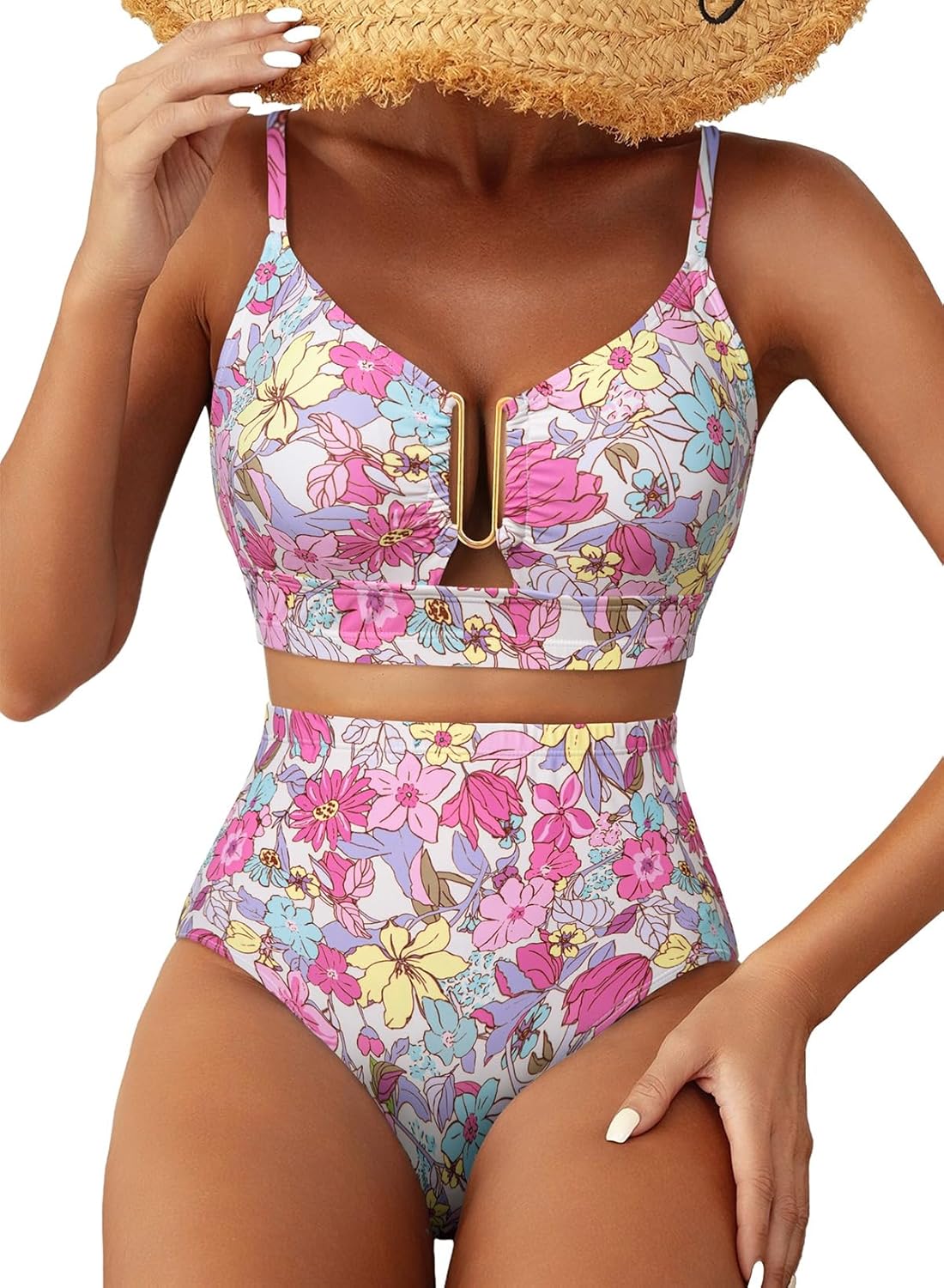 Herseas Womens 2 Piece High Waisted U Wire Bikini Set Floral Print Swimsuit Crisscross Back Bathing Suit Beach Swimwear