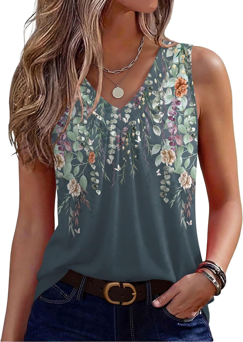 Zeagoo Womens Tank Tops Summer Sleeveless Loose Fit Tops V Neck Pleated Shirts Basic Tees Dressy Casual Trendy Clothes