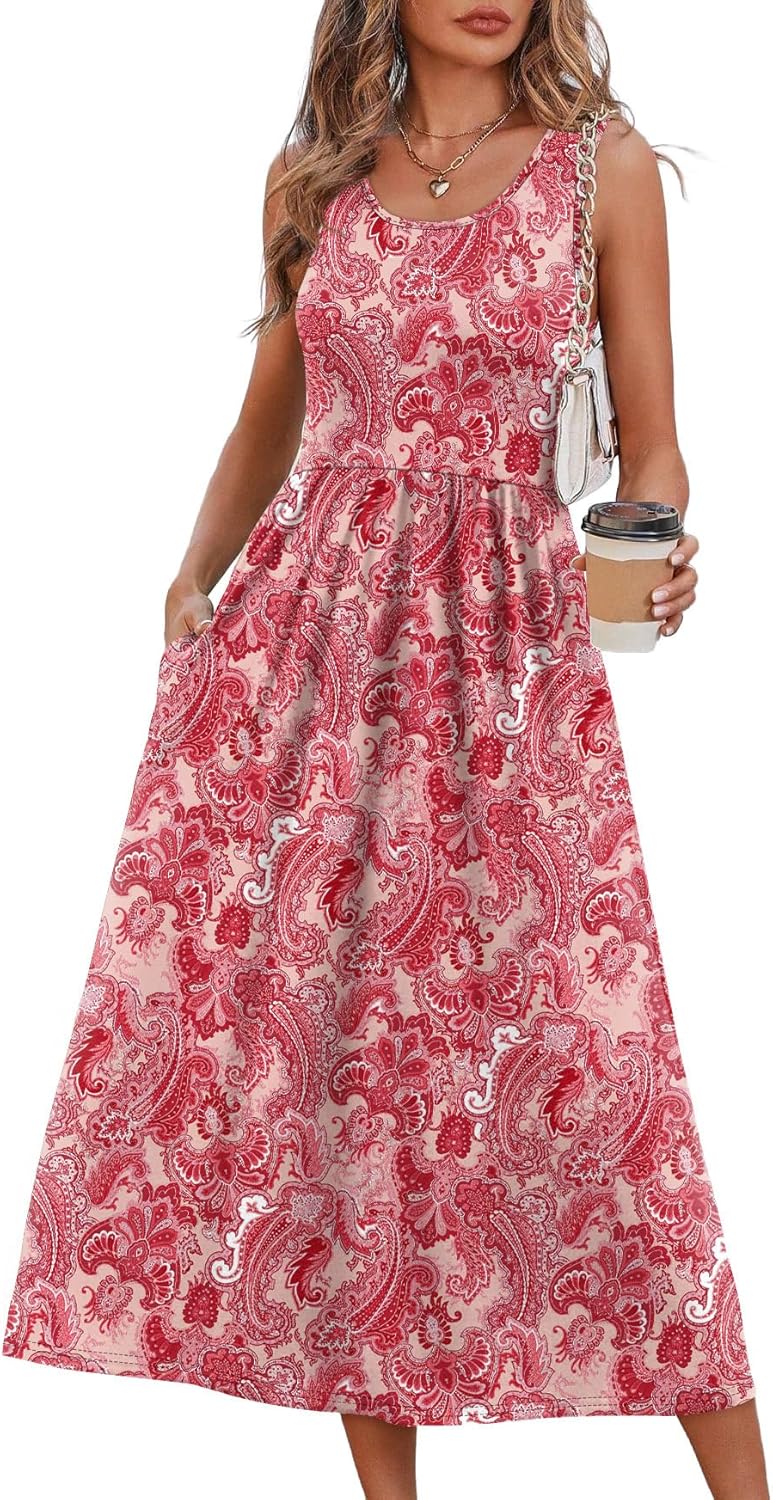 WIHOLL Summer Dresses for Women Flowy Casual Midi Dress Beach Vacation Sundresses with Pockets