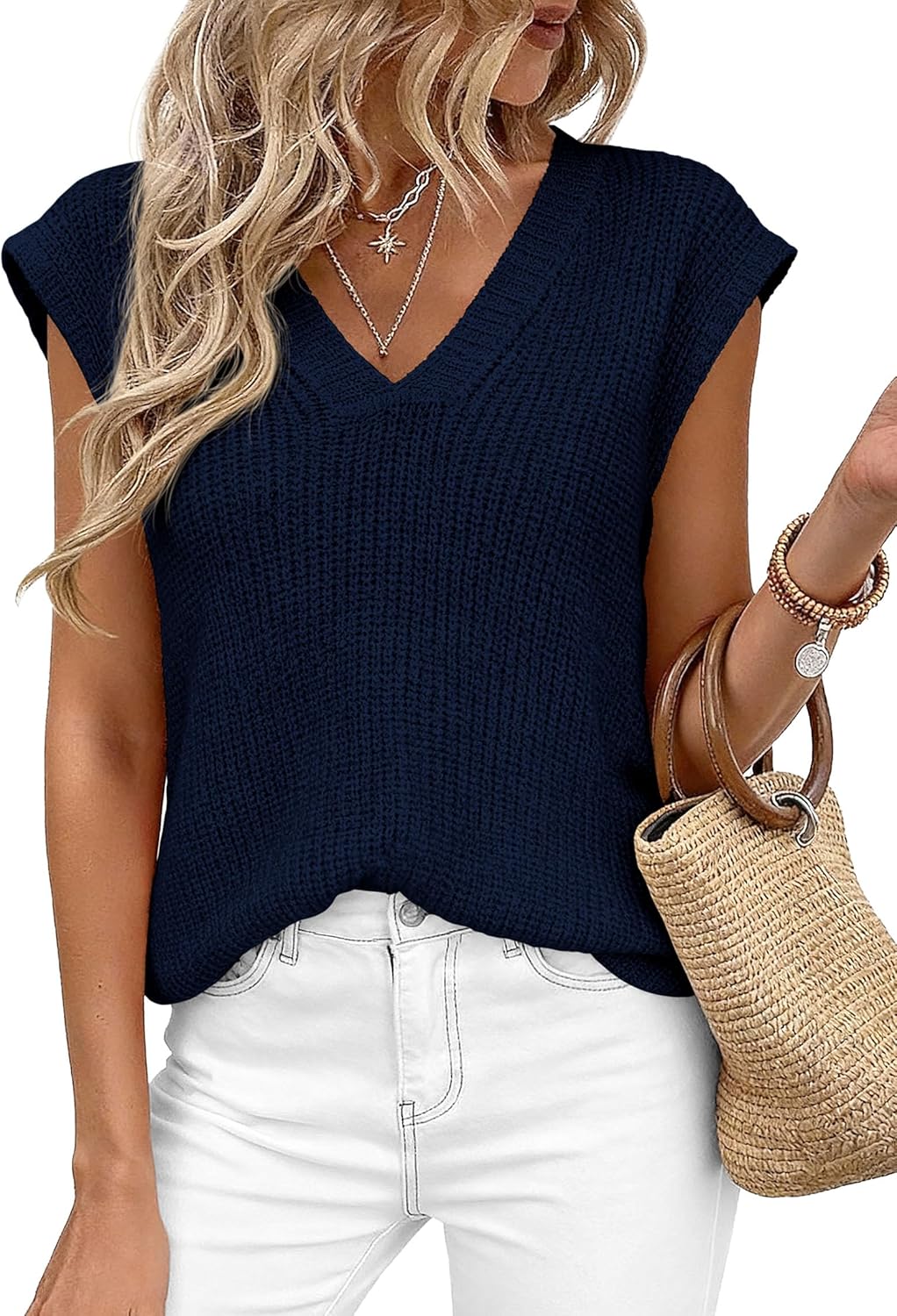 PRETTYGARDEN Women's 2026 Lightweight Sweaters Vest Spring Trendy Cap Sleeve V Neck Knit Tank Tops Summer Going Out Outfits