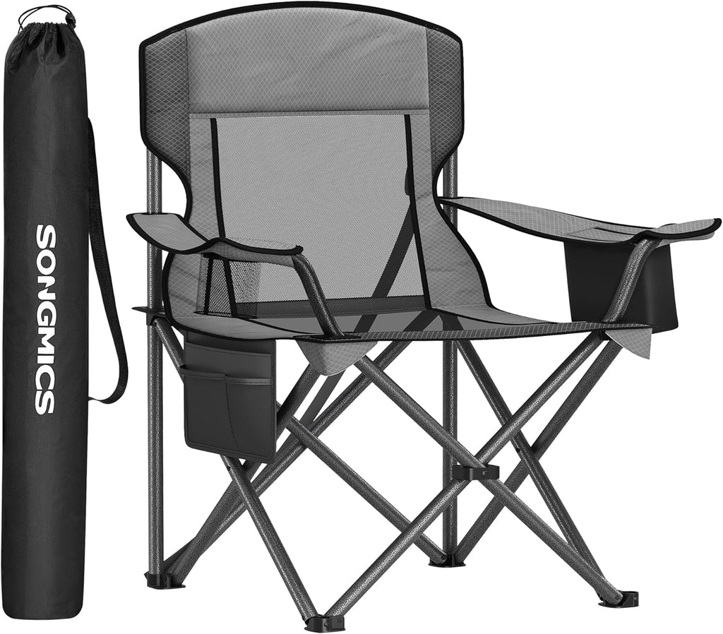 SONGMICS 2 Pack Breathable Camping Chairs, 330 lb Capacity Foldable Outdoor Chairs, High Back, Adjustable Armrests & Cup Holder, for Sports Garden Backyard, Ink Black UGCB028B02