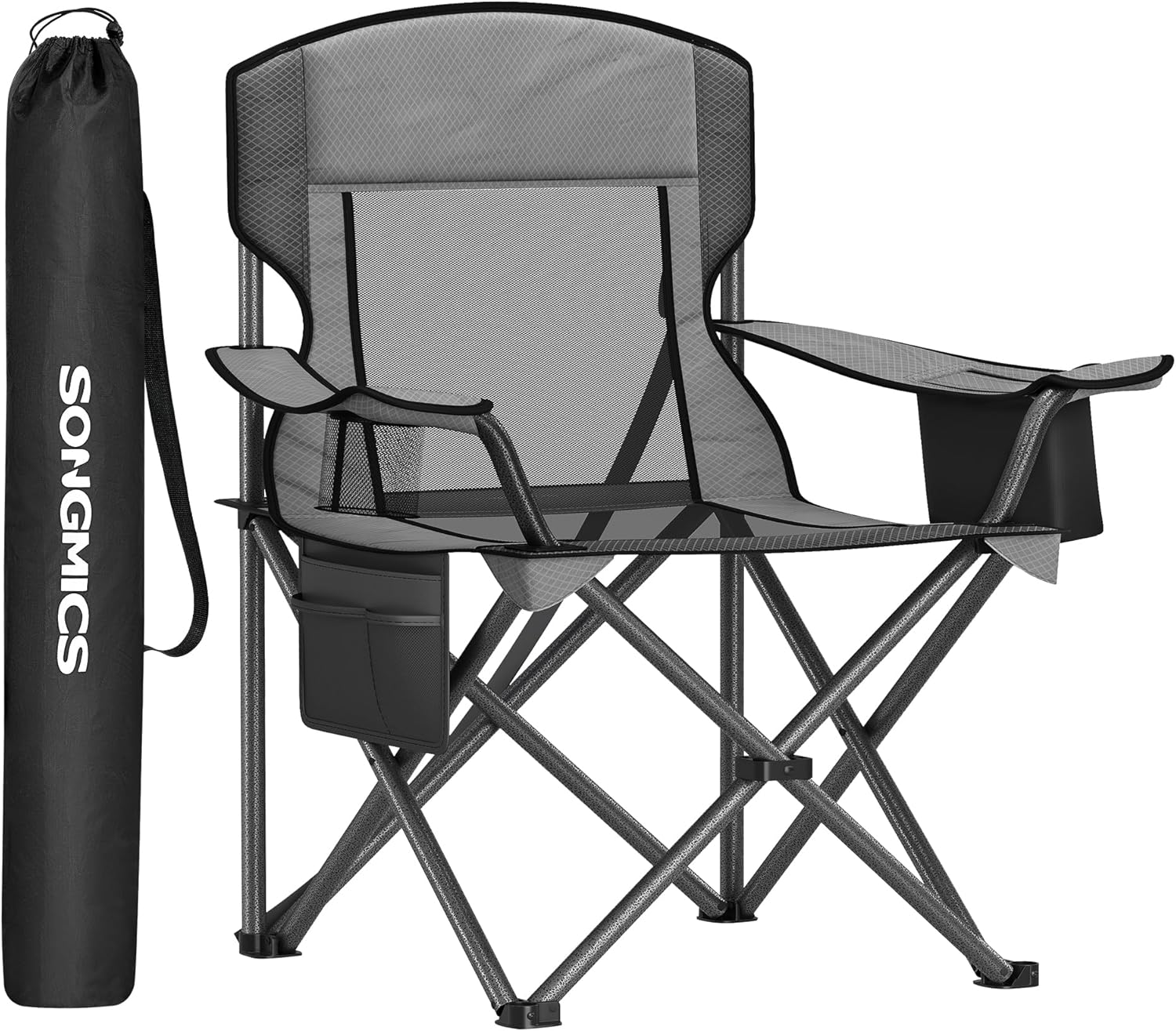 SONGMICS 2 Pack Breathable Camping Chairs, 330 lb Capacity Foldable Outdoor Chairs, High Back, Adjustable Armrests & Cup Holder, for Sports Garden Backyard, Ink Black UGCB028B02
