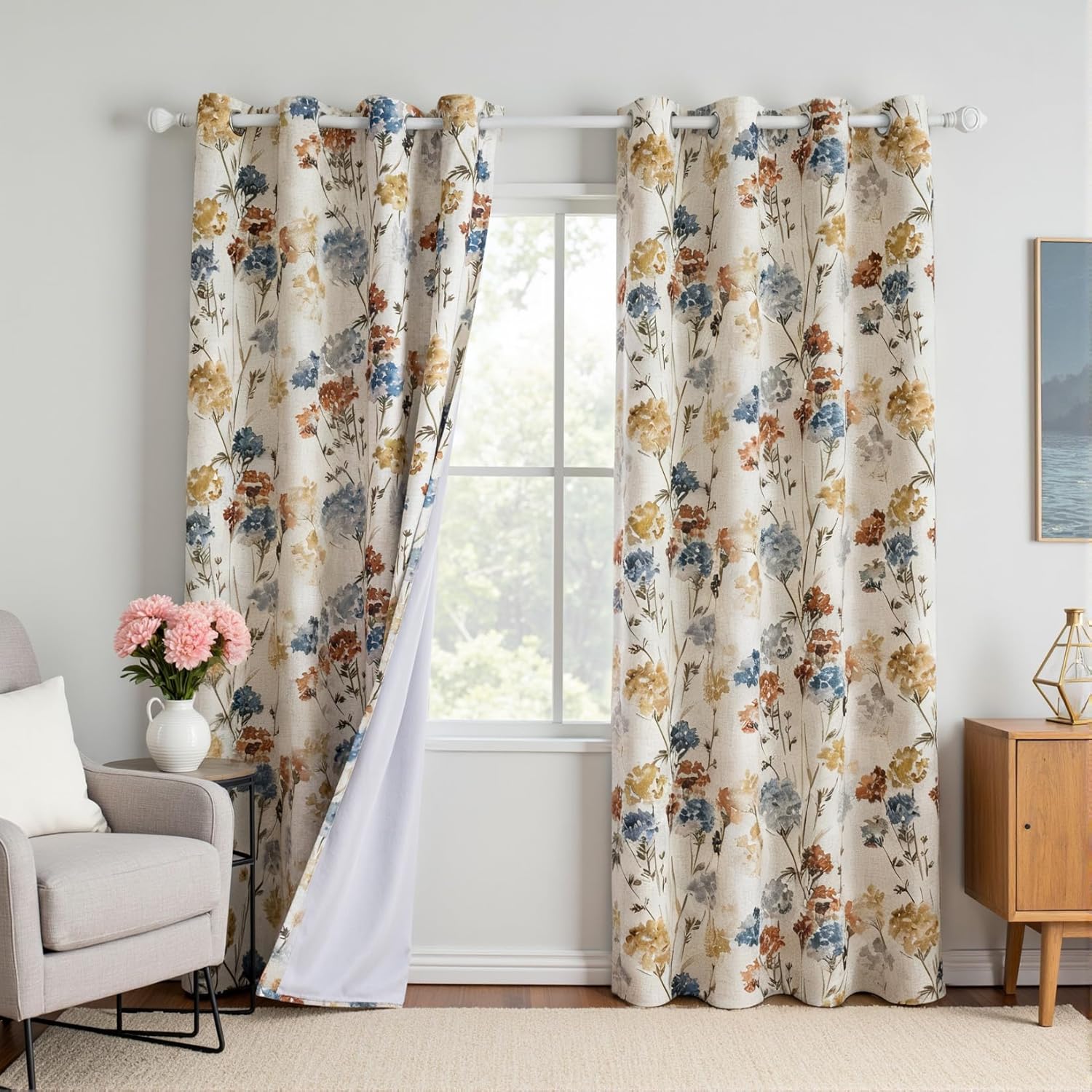 MYSKY HOME Floral Linen Curtains 84 inch Length 2 Panels Set Summer Flower Patterned Semi Sheer Light Filtering Privacy Farmhouse Grommet Drapes for Living/Dining Room, Yellow, W52 x L84, Pack-2