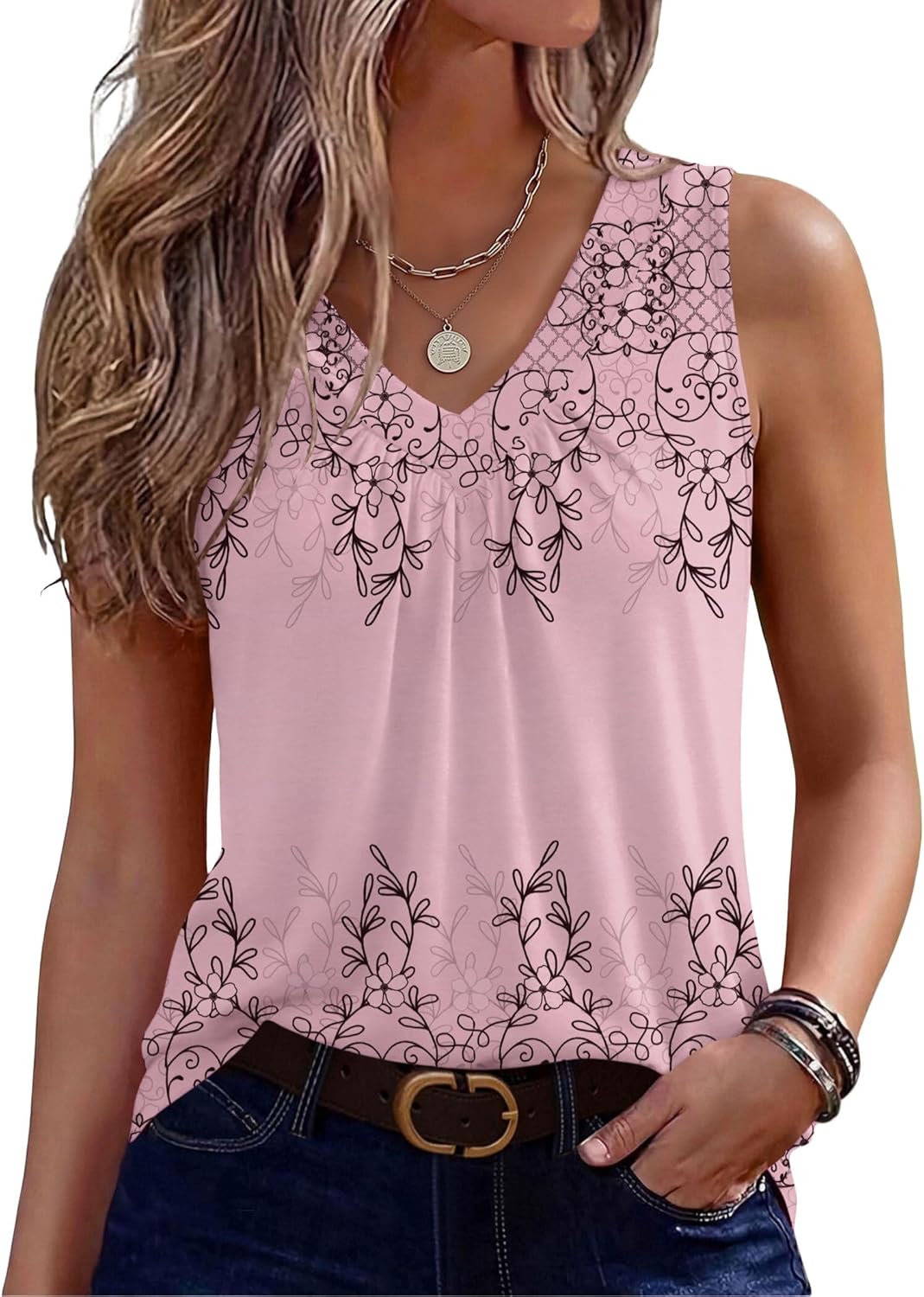 Zeagoo Womens Tank Tops Summer Sleeveless Loose Fit Tops V Neck Pleated Shirts Basic Tees Dressy Casual Trendy Clothes