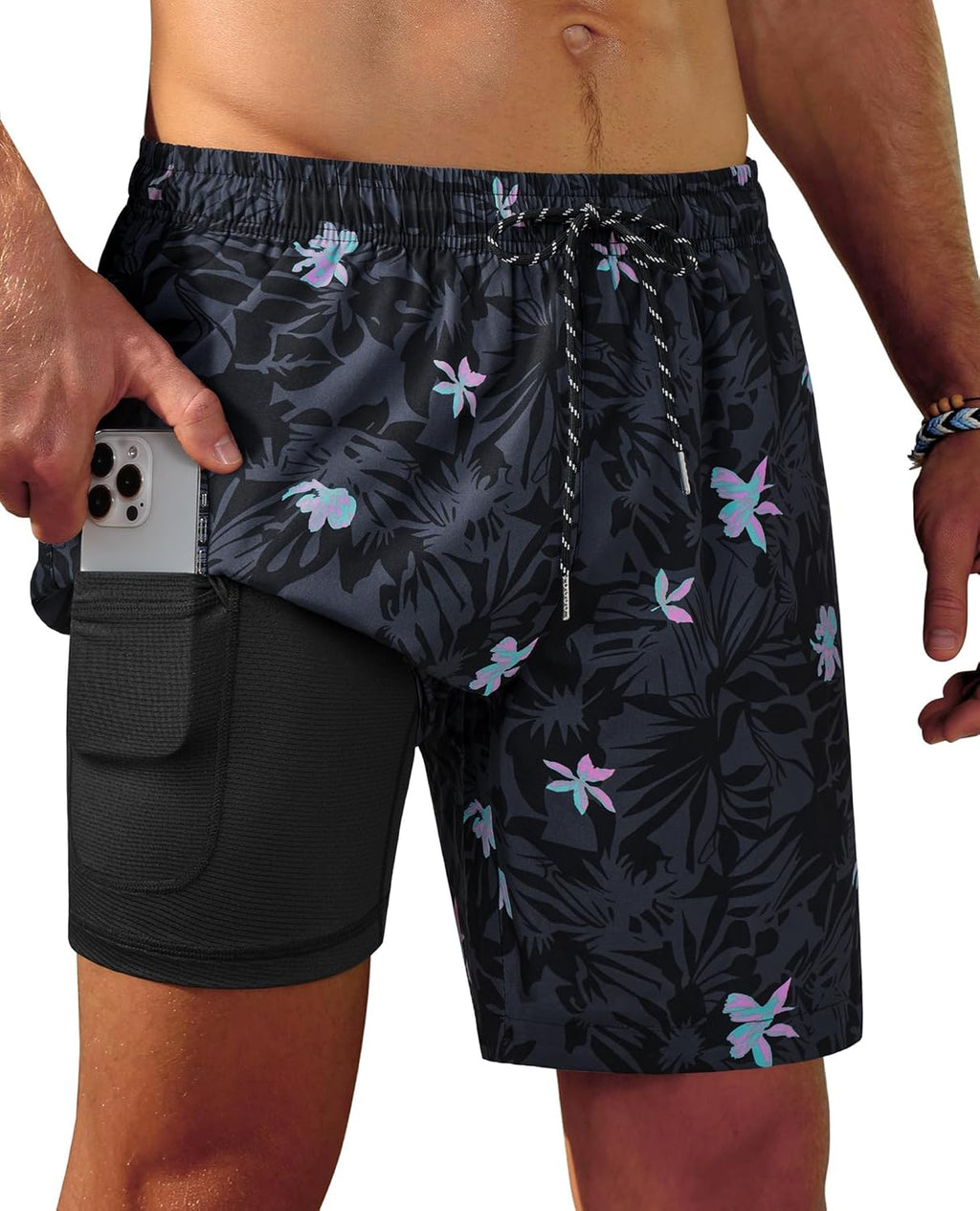 Gleeease 7inch Mens Swim Trunks 2 in 1 with Compression Liner Pockets Drawstring Quick Dry Stretch Lined Funny Beach Pool