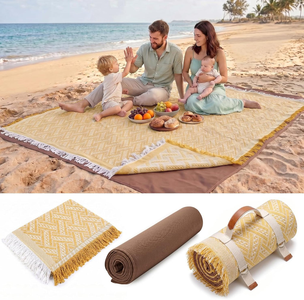 Genovega 2 in 1 Extra Large Rug Outdoor Picnic Blanket Waterproof Woven Boho Mat Giant Beach Towel Travel Essential Yoga Accessories Park Patio Lawn Garden Ground Music Festival Concert Must Have