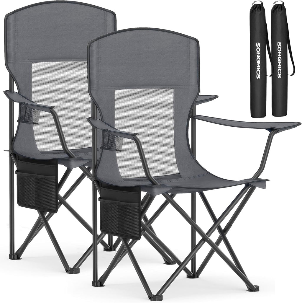SONGMICS 2 Pack Breathable Camping Chairs, 330 lb Capacity Foldable Outdoor Chairs, High Back, Adjustable Armrests & Cup Holder, for Sports Garden Backyard, Ink Black UGCB028B02