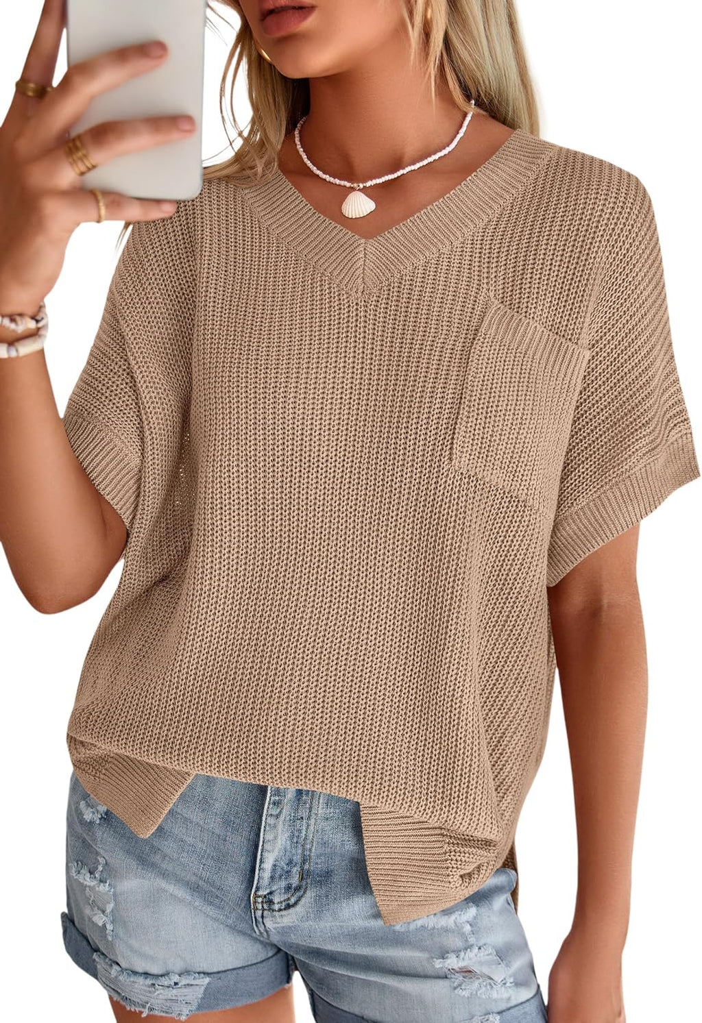 PRETTYGARDEN Women's 2026 Spring Short Sleeve Sweaters Lightweight V Neck Casual Going Out Summer Tops Beach Vacation Clothes