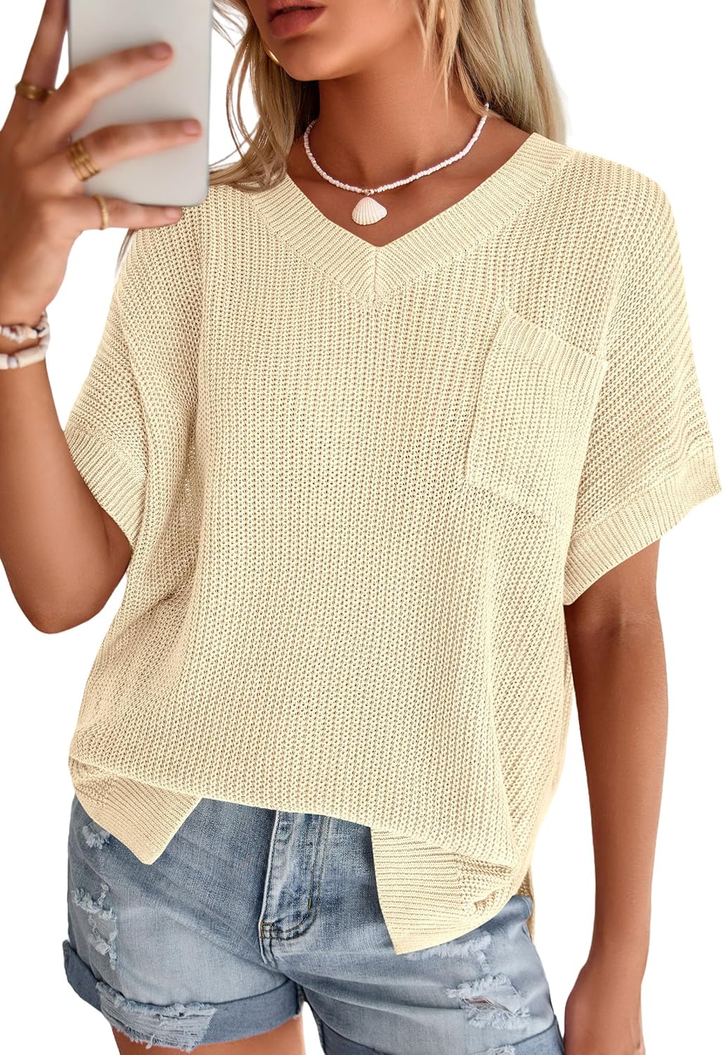 PRETTYGARDEN Women's 2026 Spring Short Sleeve Sweaters Lightweight V Neck Casual Going Out Summer Tops Beach Vacation Clothes