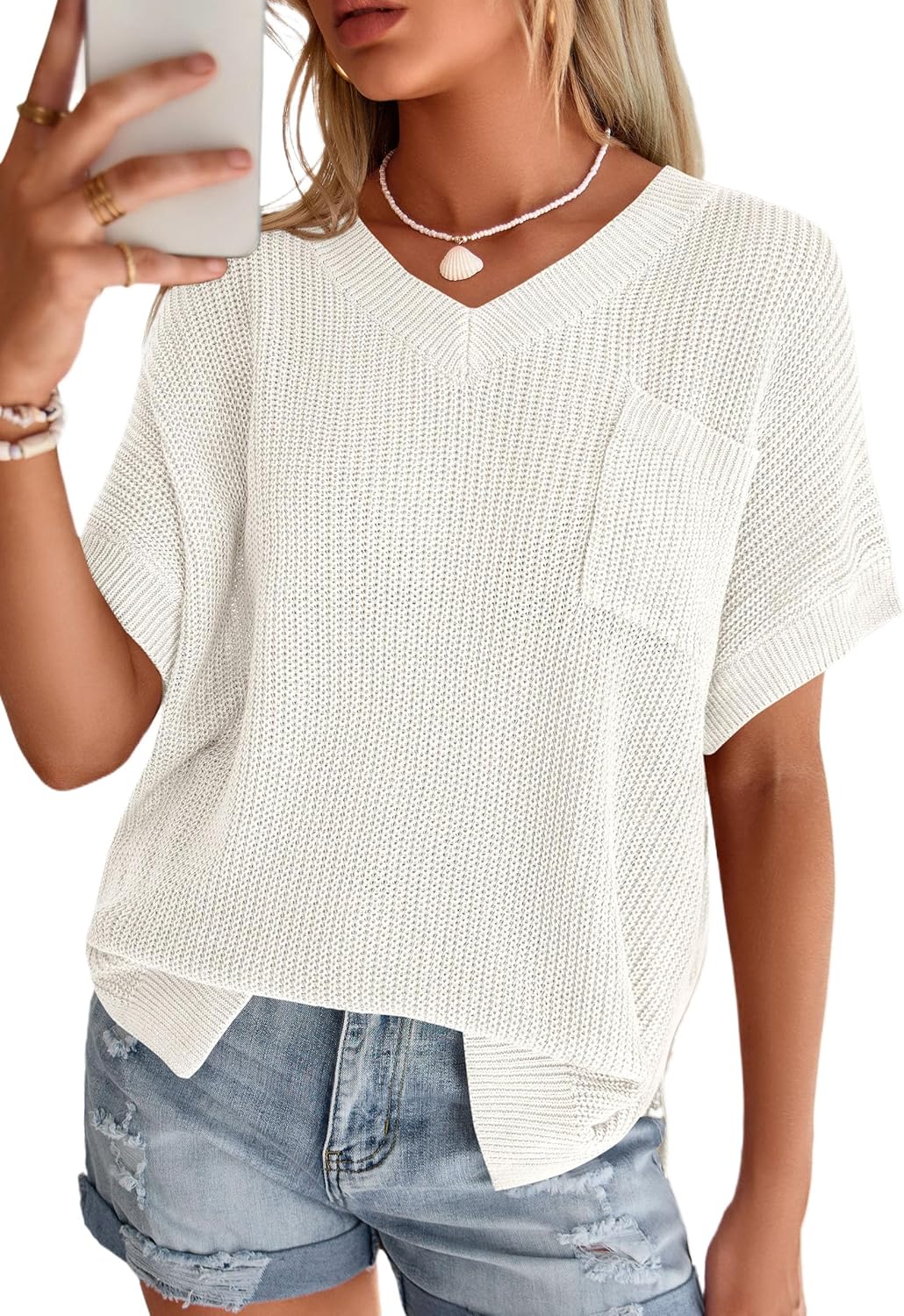 PRETTYGARDEN Women's 2026 Spring Short Sleeve Sweaters Lightweight V Neck Casual Going Out Summer Tops Beach Vacation Clothes