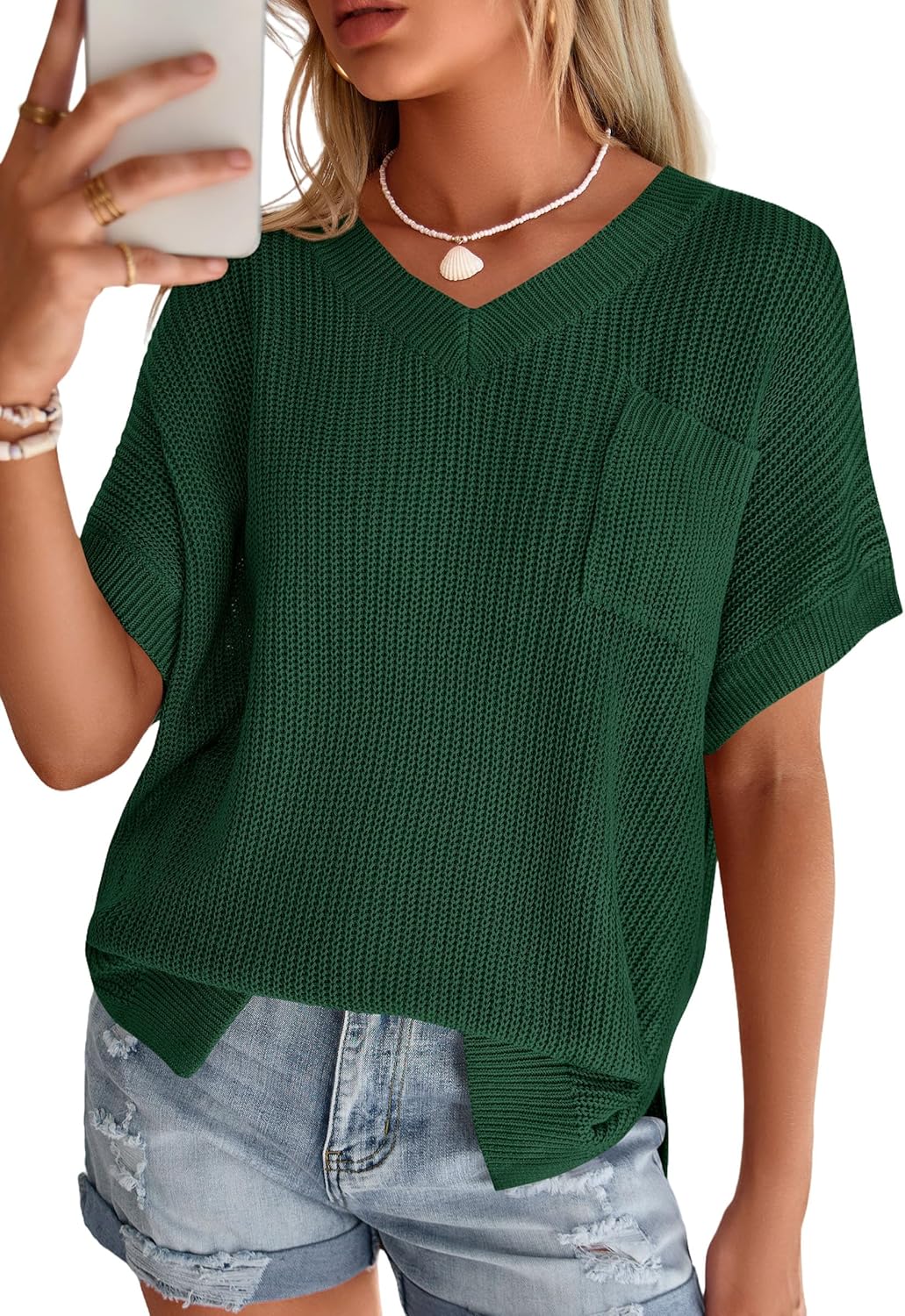 PRETTYGARDEN Women's 2026 Spring Short Sleeve Sweaters Lightweight V Neck Casual Going Out Summer Tops Beach Vacation Clothes