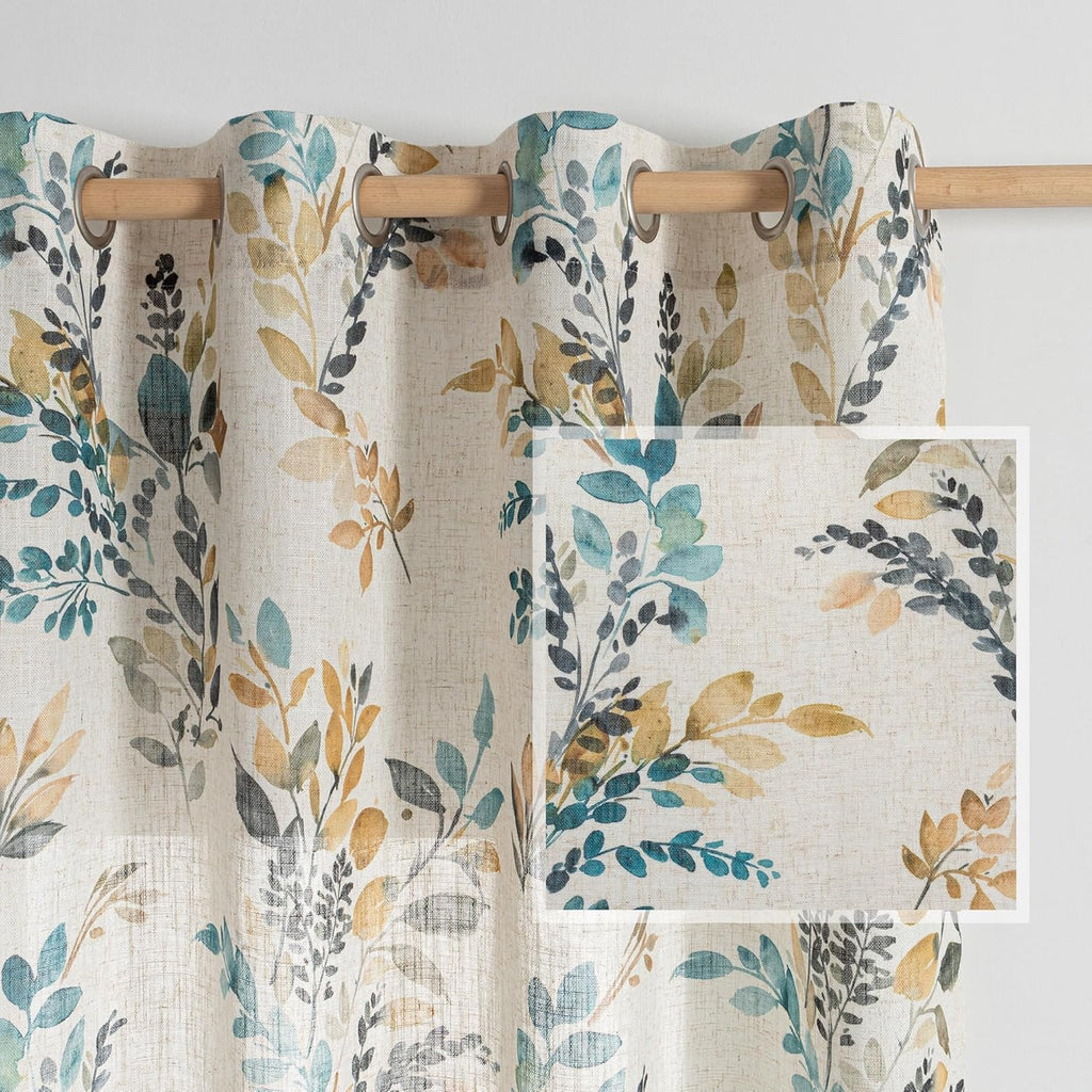 MYSKY HOME Floral Linen Curtains 84 inch Length 2 Panels Set Summer Flower Patterned Semi Sheer Light Filtering Privacy Farmhouse Grommet Drapes for Living/Dining Room, Yellow, W52 x L84, Pack-2