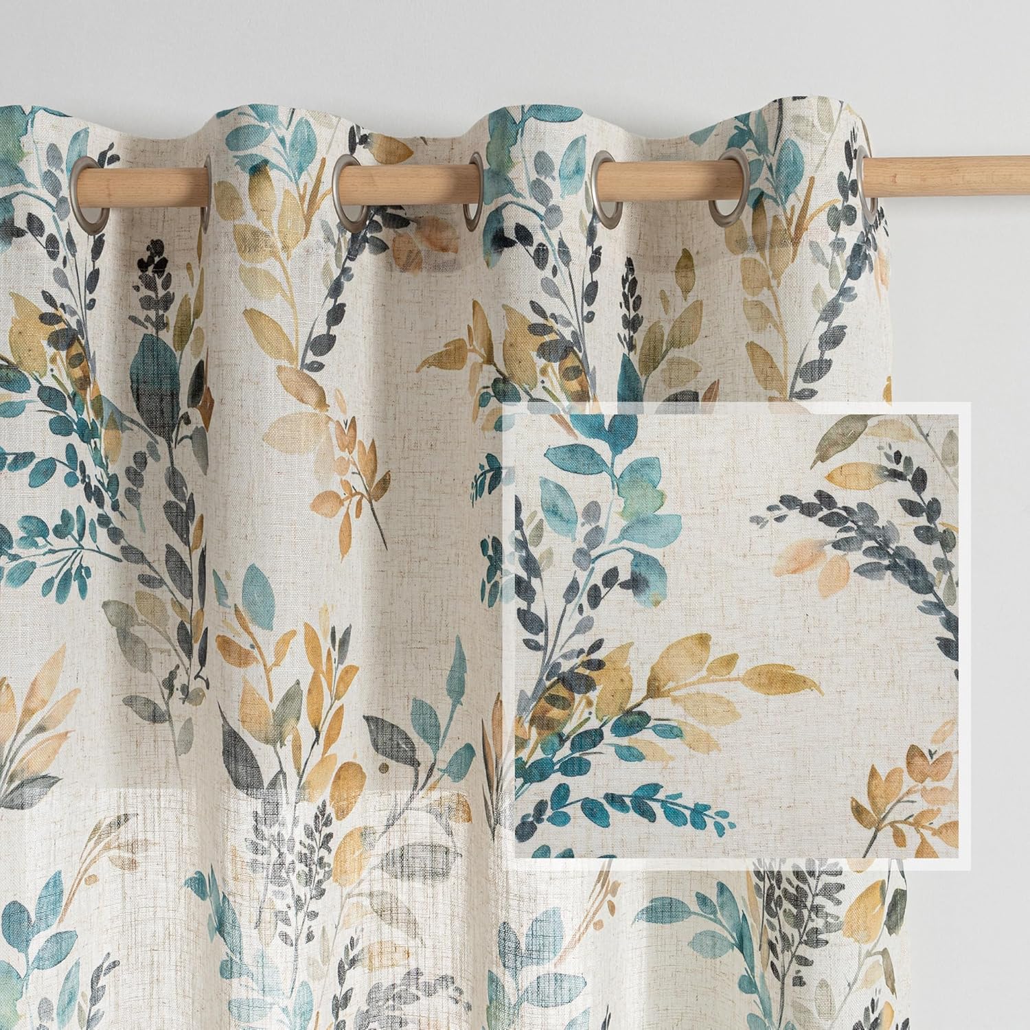 MYSKY HOME Floral Linen Curtains 84 inch Length 2 Panels Set Summer Flower Patterned Semi Sheer Light Filtering Privacy Farmhouse Grommet Drapes for Living/Dining Room, Yellow, W52 x L84, Pack-2